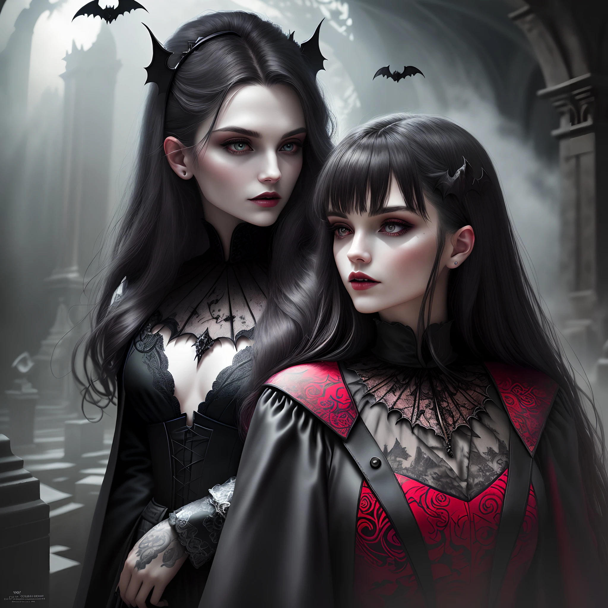 Close-up of two vampires,Stay in a magnificent cemetery,(Cemetery female vampire facing the audience:1.2),(Male vampires inside the cemetery face the audience:1.2),(There are flying bats in the sky:1.2),(Old European castle architectural style),(Moonlight shines through the clouds),(The picture presents a mysterious and obscure gray tone),(tmasterpiece),(Best picture quality),(Very detailed and uniform picture),(8k wallpaper),(Tyndall effect),(light and shadow effect),(Obvious layering),(Unreal 5),The creation is inspired by movies《Vampire Dracula》,Tattooed with,red color eyes,goth style,Psychedelic surrealist art,Surrealist psychedelic design,dream art style,Illusion psychedelic art,Quality quantity, Skin texture, Intricate details, (Cinematic lighting), RAW photo, 8K,