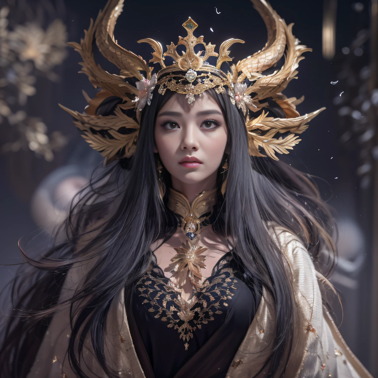 16k（tmasterpiece，k hd，hyper HD，16k）Long flowing black hair，Gold jewelry area in the back room，Smoke ring girl ，Bronze Dragon Protector （realisticlying：1.4），Python pattern robe，Purple-pink tiara，Snowflakes fluttering，The background is pure，Hold your head high，Be proud，The nostrils look at people， A high resolution， the detail， RAW photogr， Sharp Re， Nikon D850 Film Stock Photo by Jefferies Lee 4 Kodak Portra 400 Camera F1.6 shots, Rich colors, ultra-realistic vivid textures, Dramatic lighting, Unreal Engine Art Station Trend, cinestir 800，Hold your head high，Be proud，The nostrils look at people