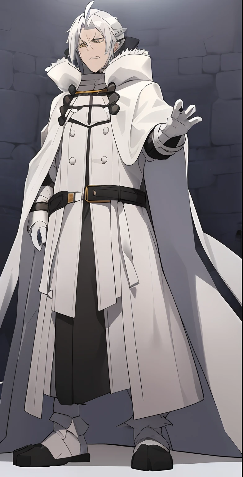 anime of a man in a white coat and whitecape, orsted from mushoku tensei, dragon god orsted, white cloak, best anime character design, anime character, inspired by orsted mushoku tensei, as an anime character, matt white color armor, dark silver hair, silver colored hair, sharp features, yellow piercing cat-like eyes, angry facial expression, rugged facial features, middle aged man, dragon-human hybrid, orsted dragon god, slightly silver skin, simple clothing, black fluffy puffer around neck, powerful, godly.