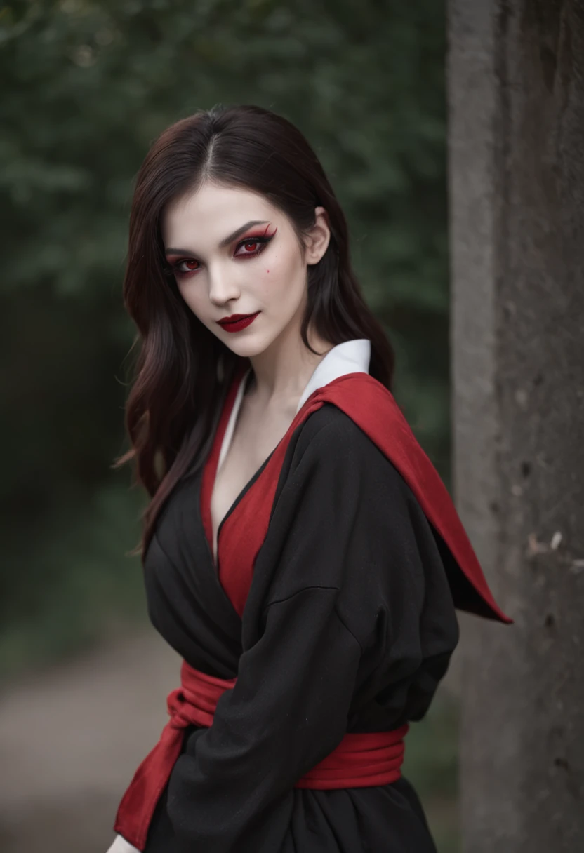 Black robe,red colour,Vampires,White skin of the,brunette color hair,Red eyes,Fang,Pointy ears,The background is the city,Red Moon,blood stain,grinning smile,unholy