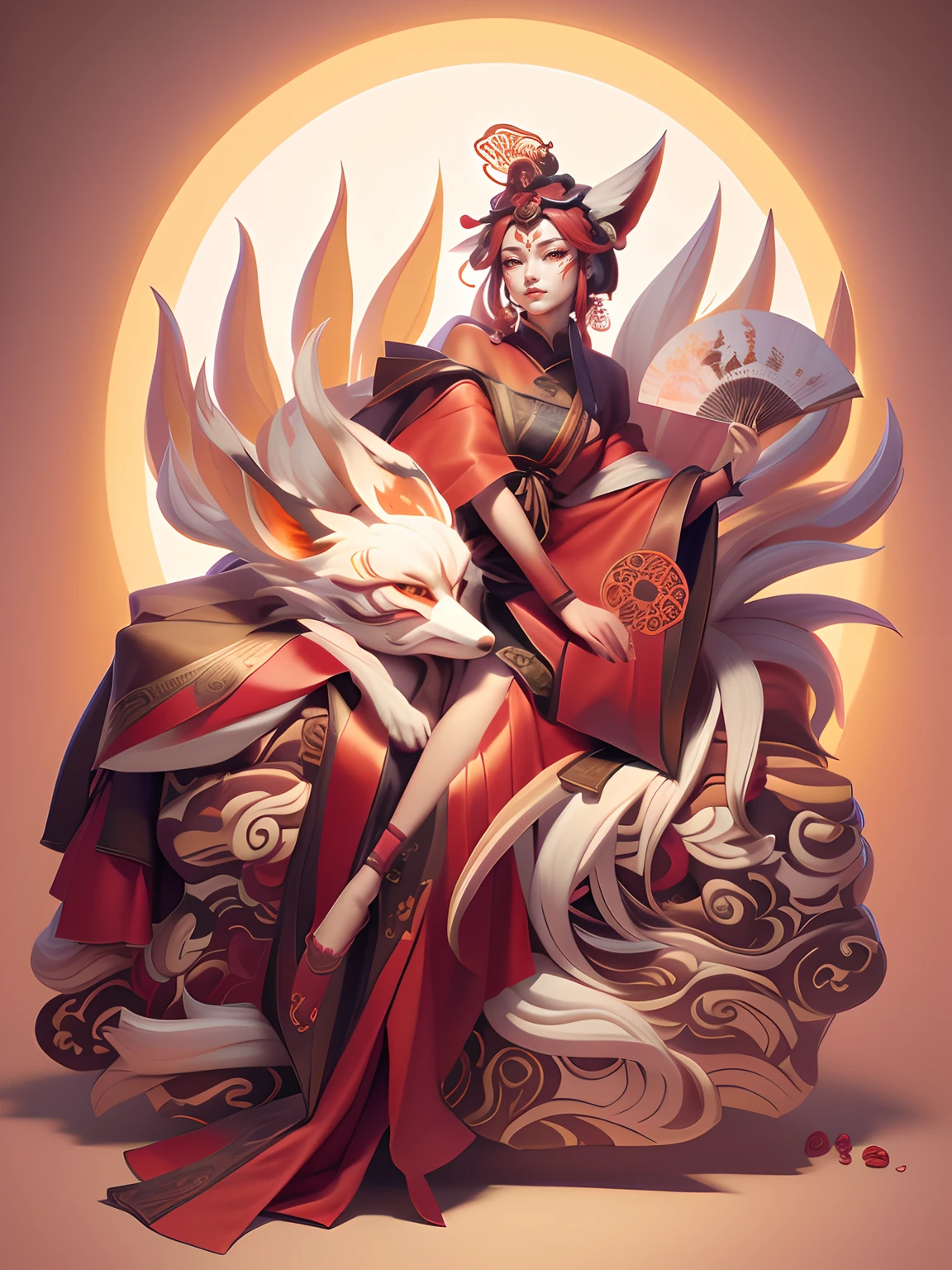 There is a painting,A woman sitting on a chair with a fan,Nine-tailed demon fox, an ancient Chinese goddess, Mono Color、Light shades