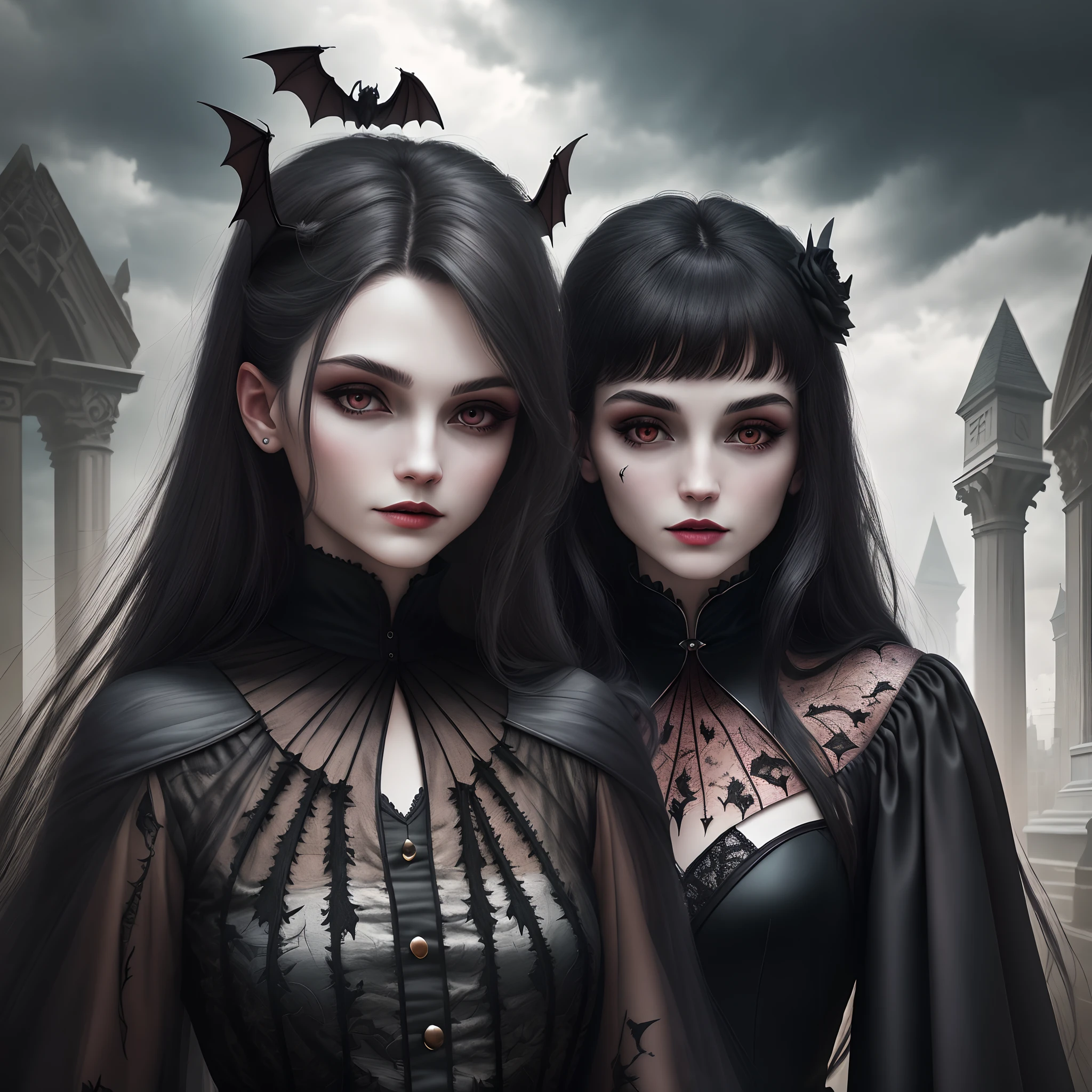 A dark vampire woman who together with the grim reaper salute towards the camera, in the background a gothic style room with the end written with bones on the wall