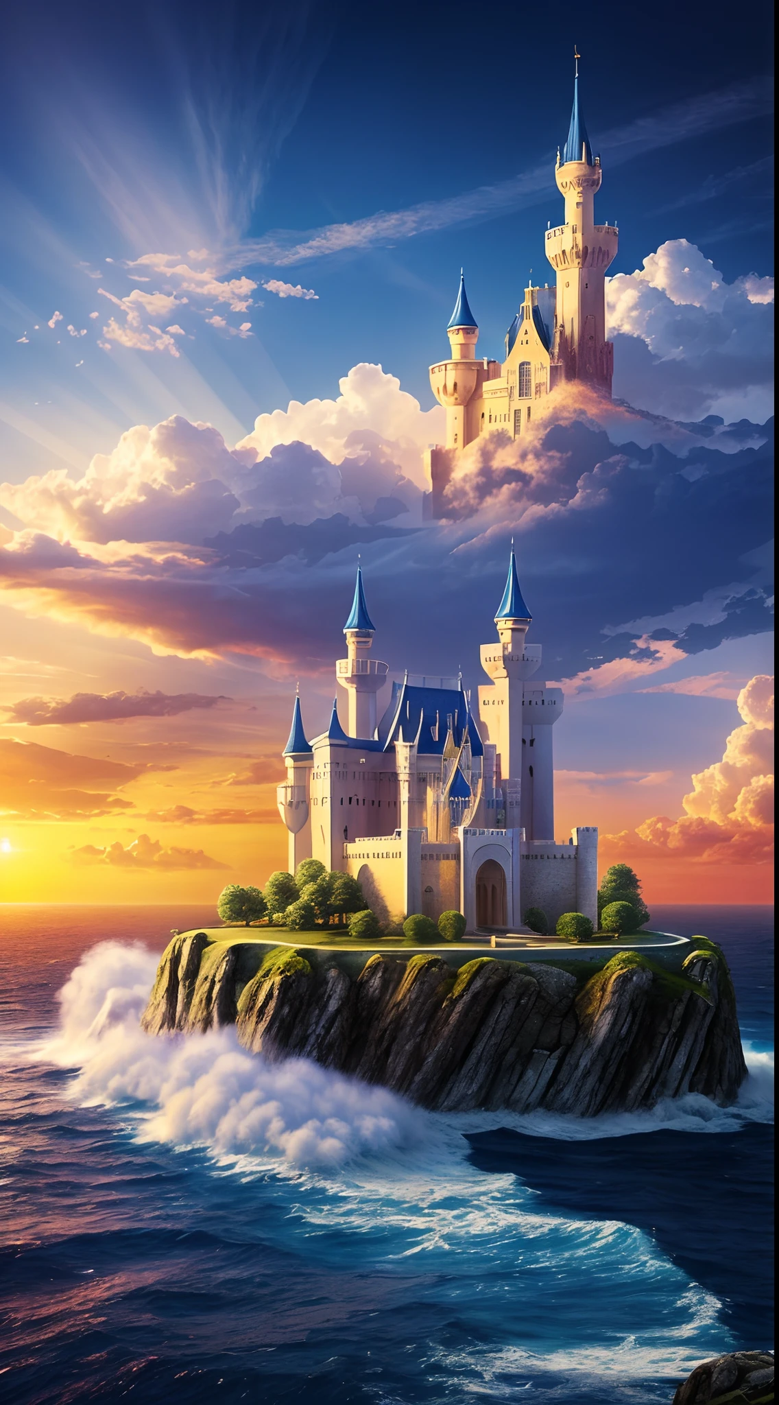 ((tmasterpiece)), (((best qualityer))), ((Super Detahada)), (incredulous: 1.1), 3D l Please create an amazing image of a majestic castle，Towering above the fluffy sea of white clouds. The castle had to show majestic and magical architecture, The tower is decorated with fluttering banners. The windows glow warmly, A stark contrast to the deep blue sky around it. Pay attention to detail，For example, The sunlight reflected from the windows and the small architectural details make this landscape truly unique. Feel free to add fantasy and creativity，Make the castle feel like part of a fascinating world. May this image convey the wonder and sense of adventure of the Kingdom of Heaven high above. We look forward to seeing your artistic interpretation of this incredible setting.