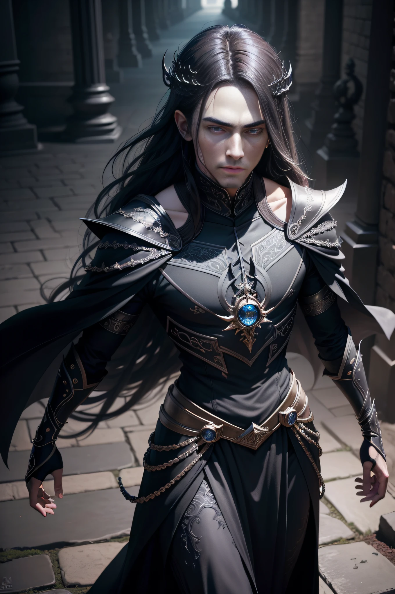 Full body shot, facing camera, gotik((Male magician))Realistic digital painting portrait, Magical deep black universe, Magic armor,Black is carved in intricate details, sport, Walking forward, Slow motion, Very detailed eyes, (abstract backgrounds:1.2), (Very detailed skin:1.2), (game concept:1.3), (Elden ring style:1.3), (Arcane style:0.8), (Depth of field:1.3), voluminetric lighting, Global illumination, The art of Victoria Gavrilenko