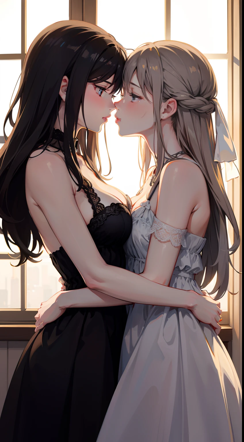 A captivating and intimate depiction of love and desire, Two women embrace a passionate and simple kiss