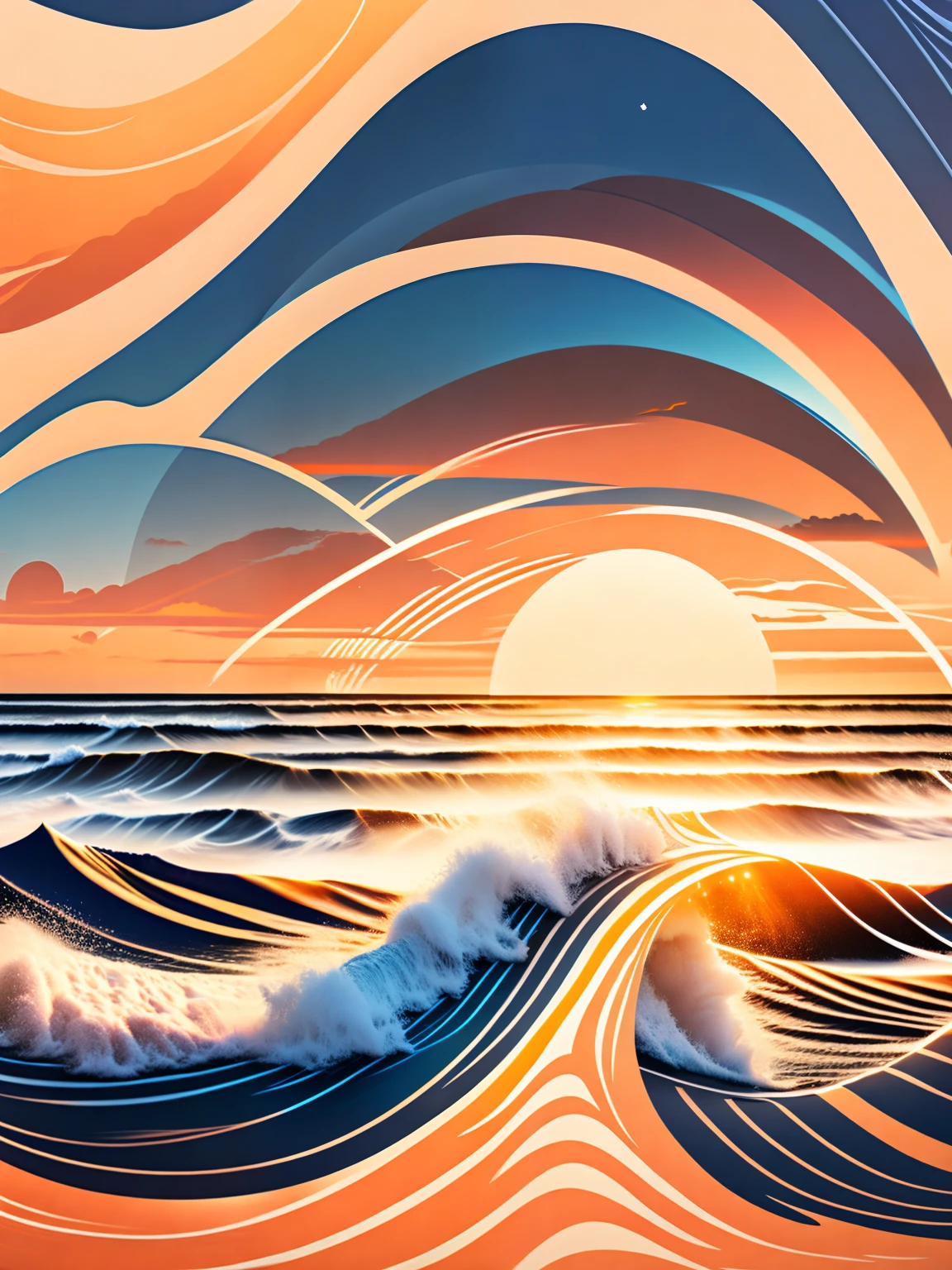sunset at the beach, areia branca, wave pattern, Epic composition, design de camiseta, rzminjourney, arte vetorial