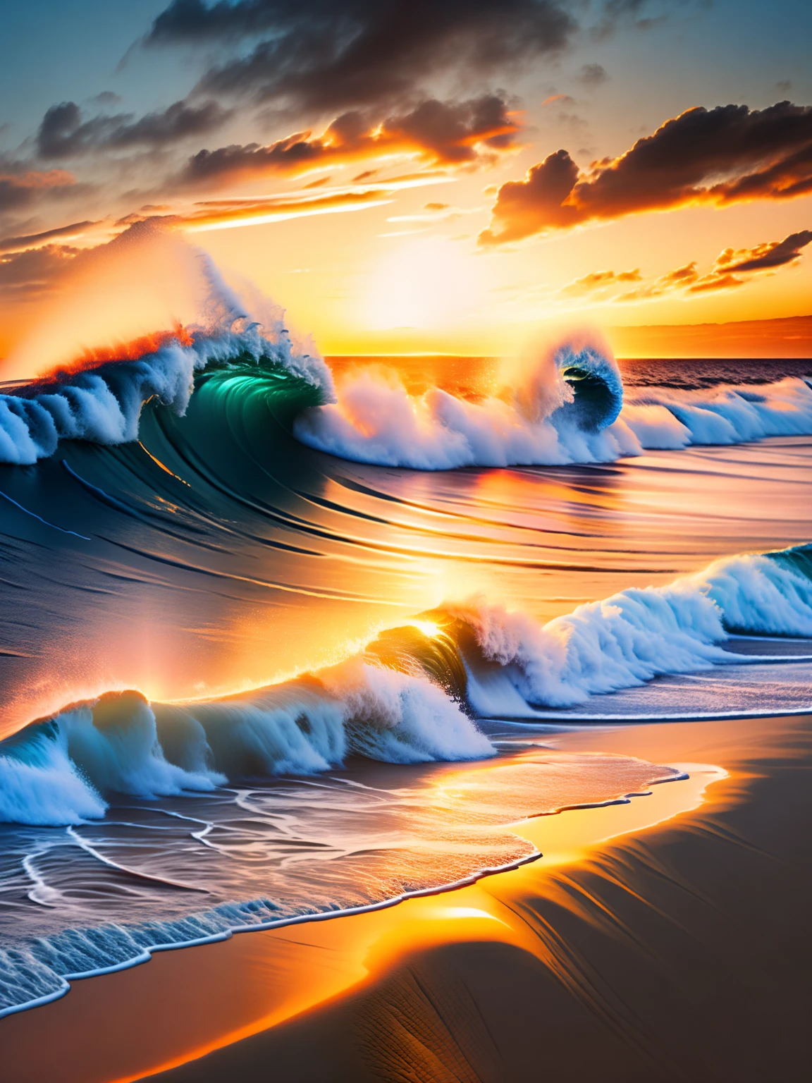 sunset at the beach, areia branca, wave pattern, Epic composition, design de camiseta, rzminjourney, arte vetorial