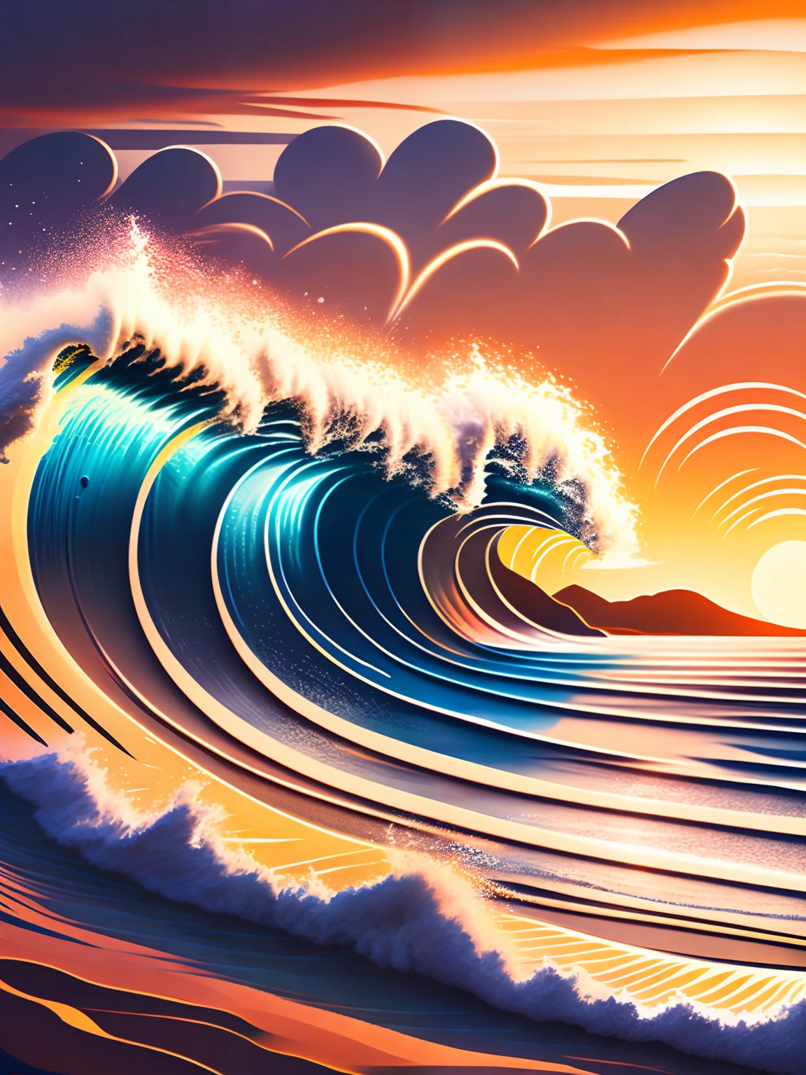 sunset at the beach, areia branca, wave pattern, Epic composition, design de camiseta, rzminjourney, arte vetorial
