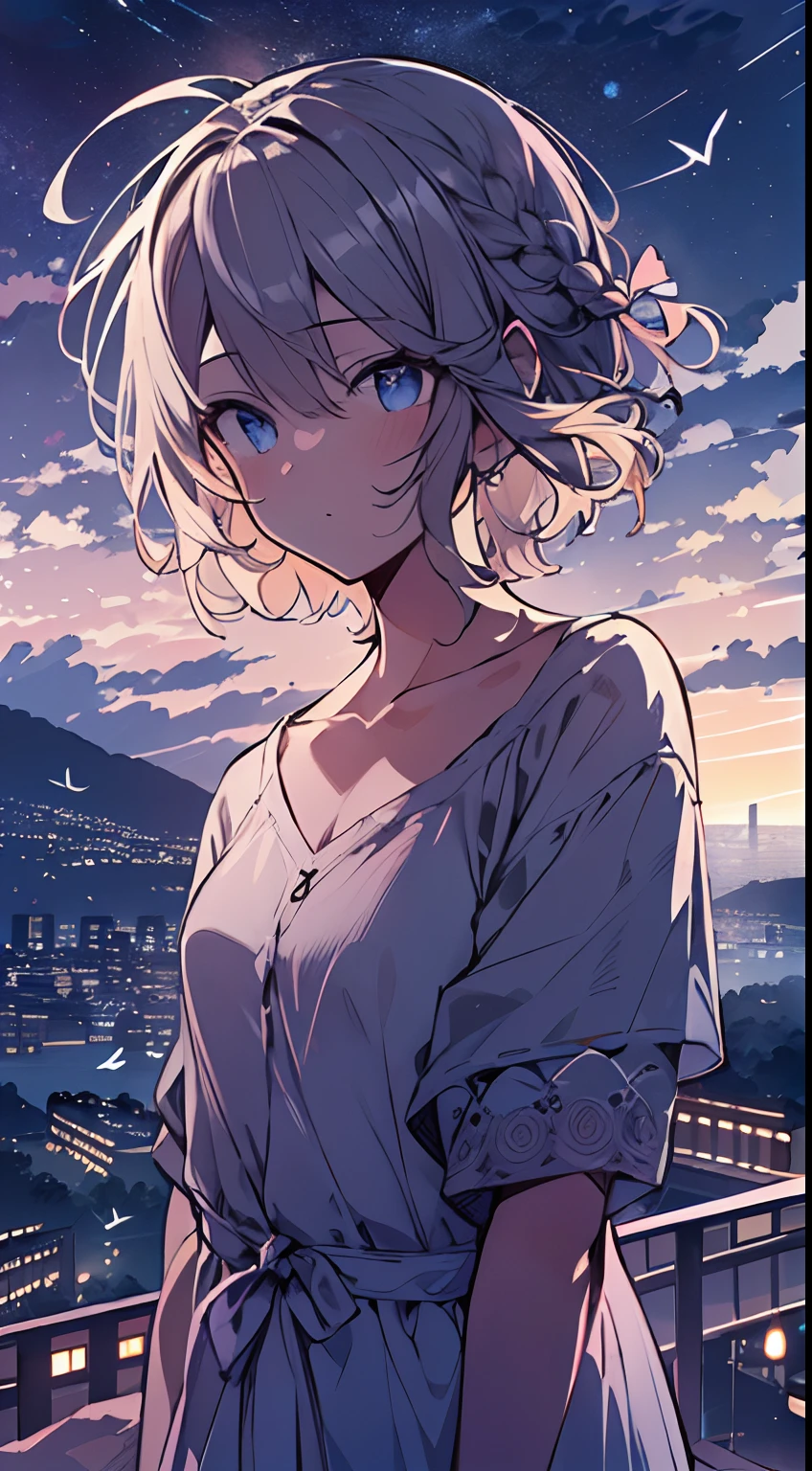 masutepiece, Best Quality,Illustration, Wallpaper, Ultra Detail, absurderes, 1girl in、 (Medium short hair、short braided hair), Beautiful ultra-detailed eyes , Hair fluttering in the wind、nffsw、Smaller head、Beautiful night sky、(a panoramic view:1.5)