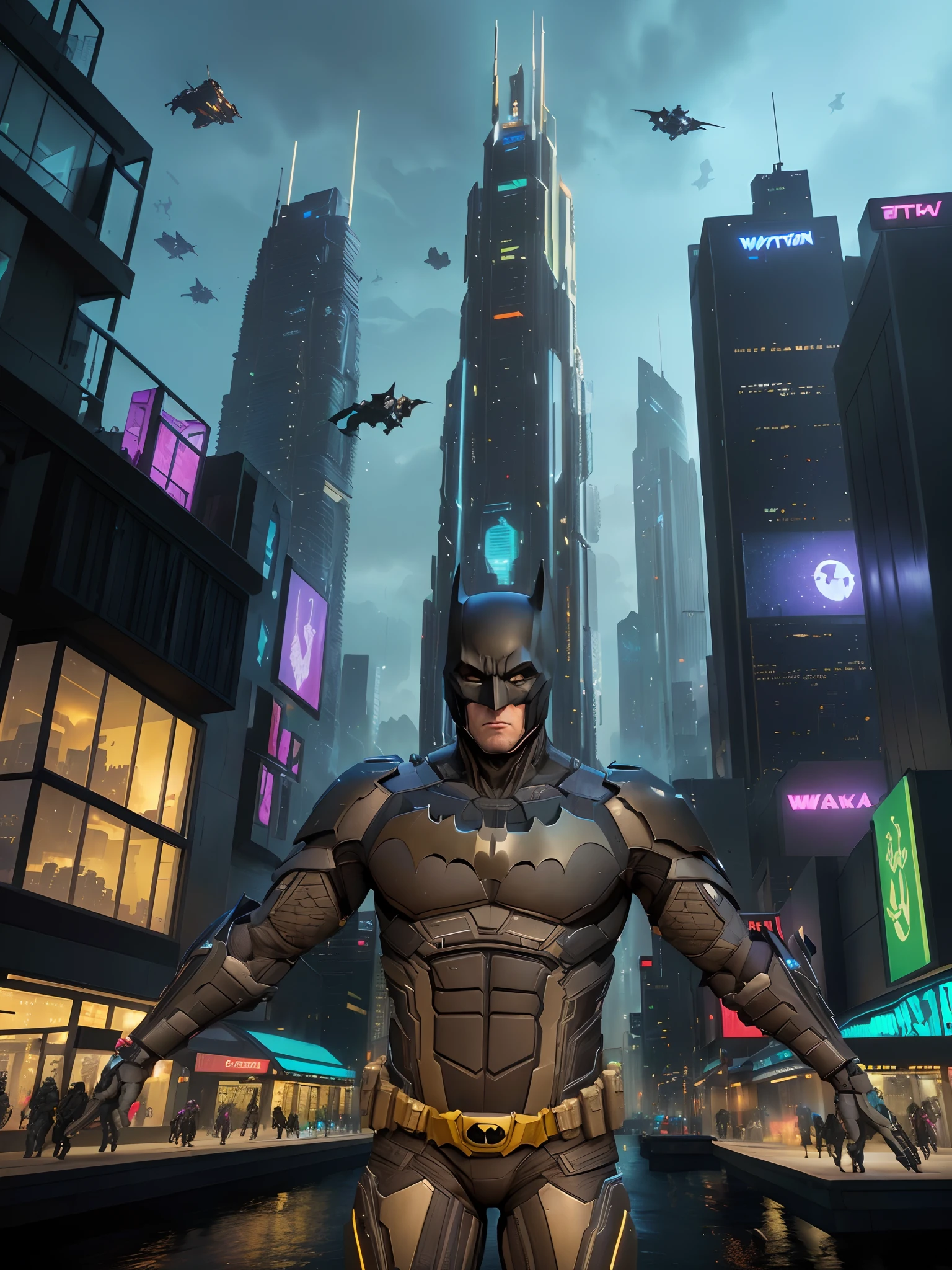batman the tell - tale game screenshote, cyberpunk batman, hero pose colorful city lighting, in front of a sci fi cityscape, wakanda, master chief in cyberpunk city, nighttime in gotham city, 8k render”, in game style 8k, 8 k high detail concept art, 8k hd concept art, 8 k cg render, hd 4k game screenshot