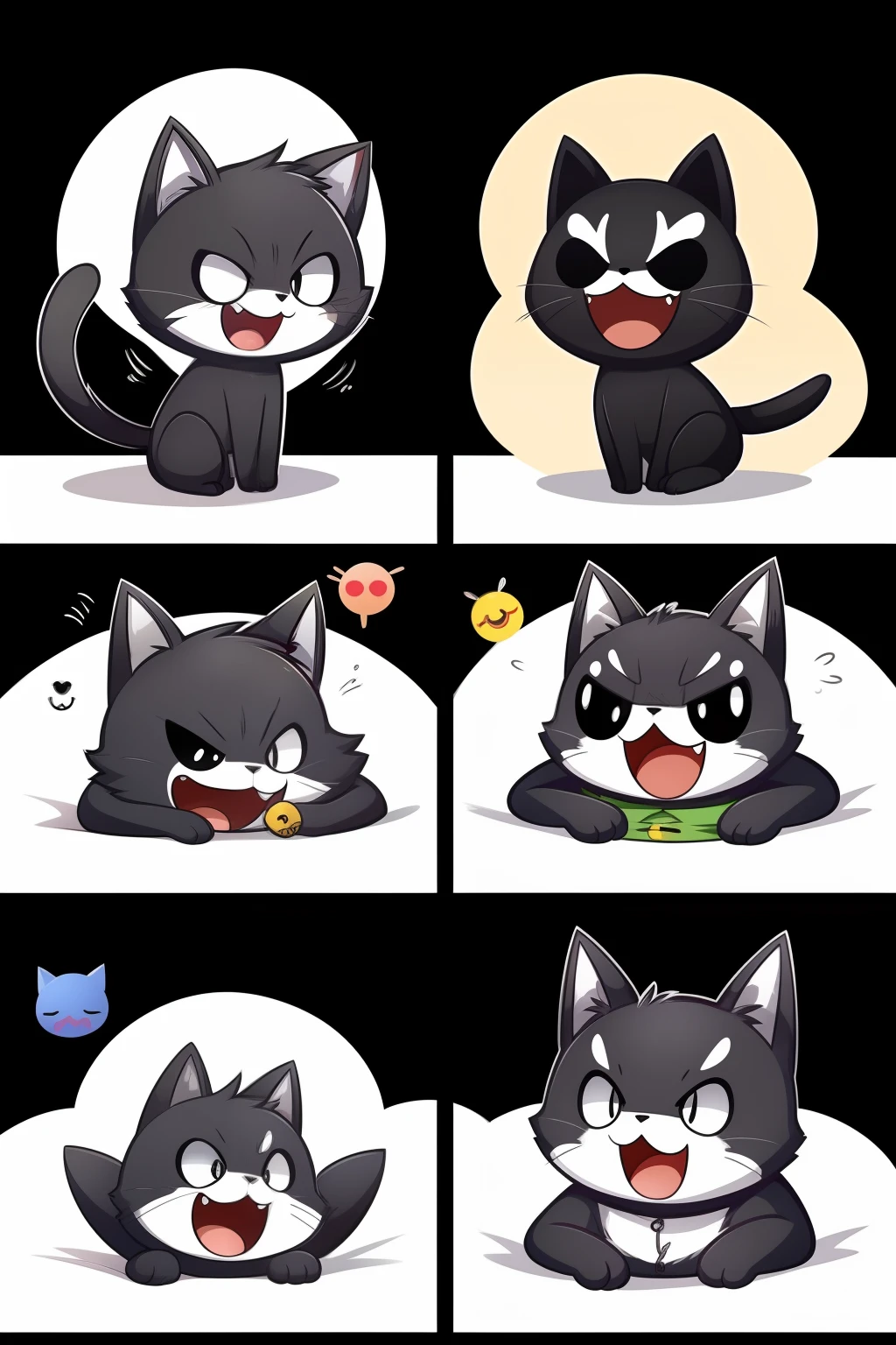 Cute black kitten,Various expressions,having fun,grieves,irate,expectant laughter,Disappointment 1,adorable eyes,white backgrounid,ilustration-nii 5-style cute, emoji as illustration
set, with boold manga line style, dynamic pose dark
white,,f/64 groups,related characters,Old Meme Kernel