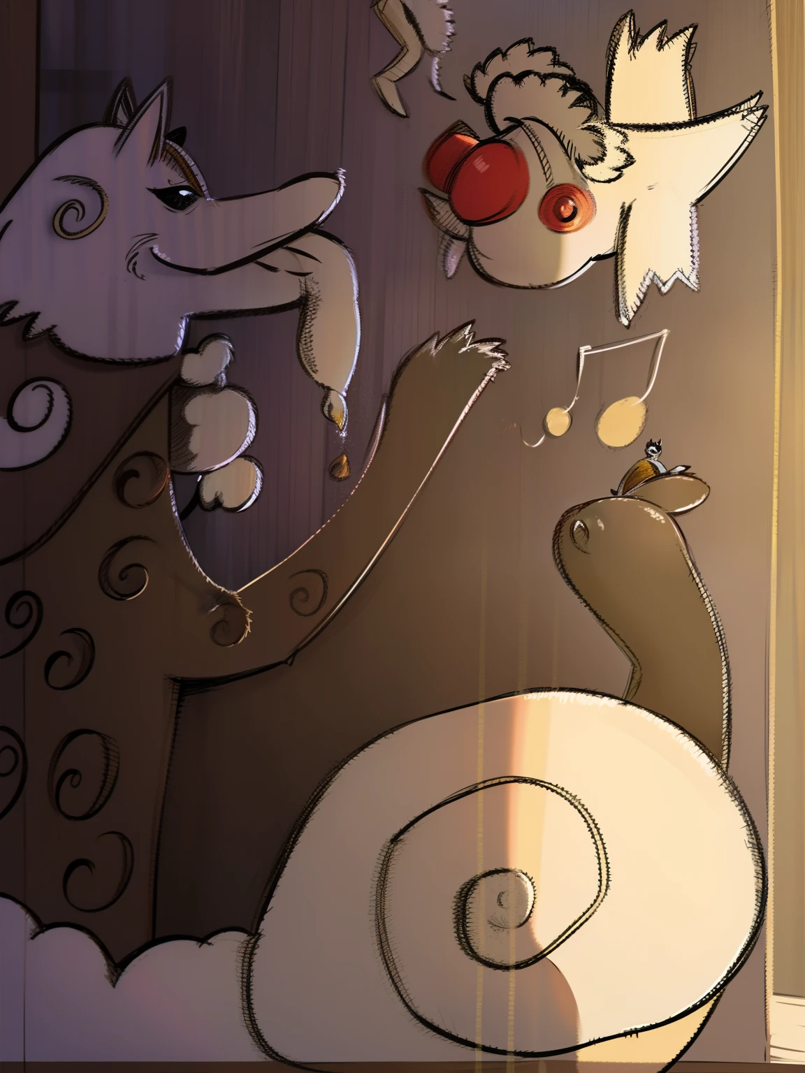 A wolf next to it,A snail below,Birds all the way above,