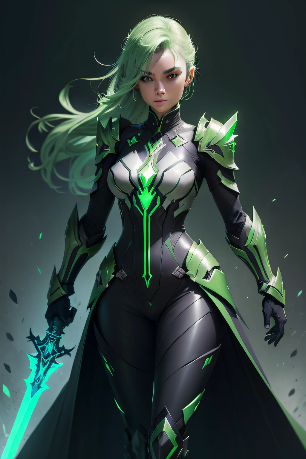 (best quality) (extra high definition) a woman in a green outfit with a sword, sleek glowing armor, green armor, painted in the style arcane, benedick bana, valorant character, neon armor, character splash art, omen from valorant, sage ( valorant ), glowing green soul blade, concept artstyle, iconic character splash art, metallic green armor