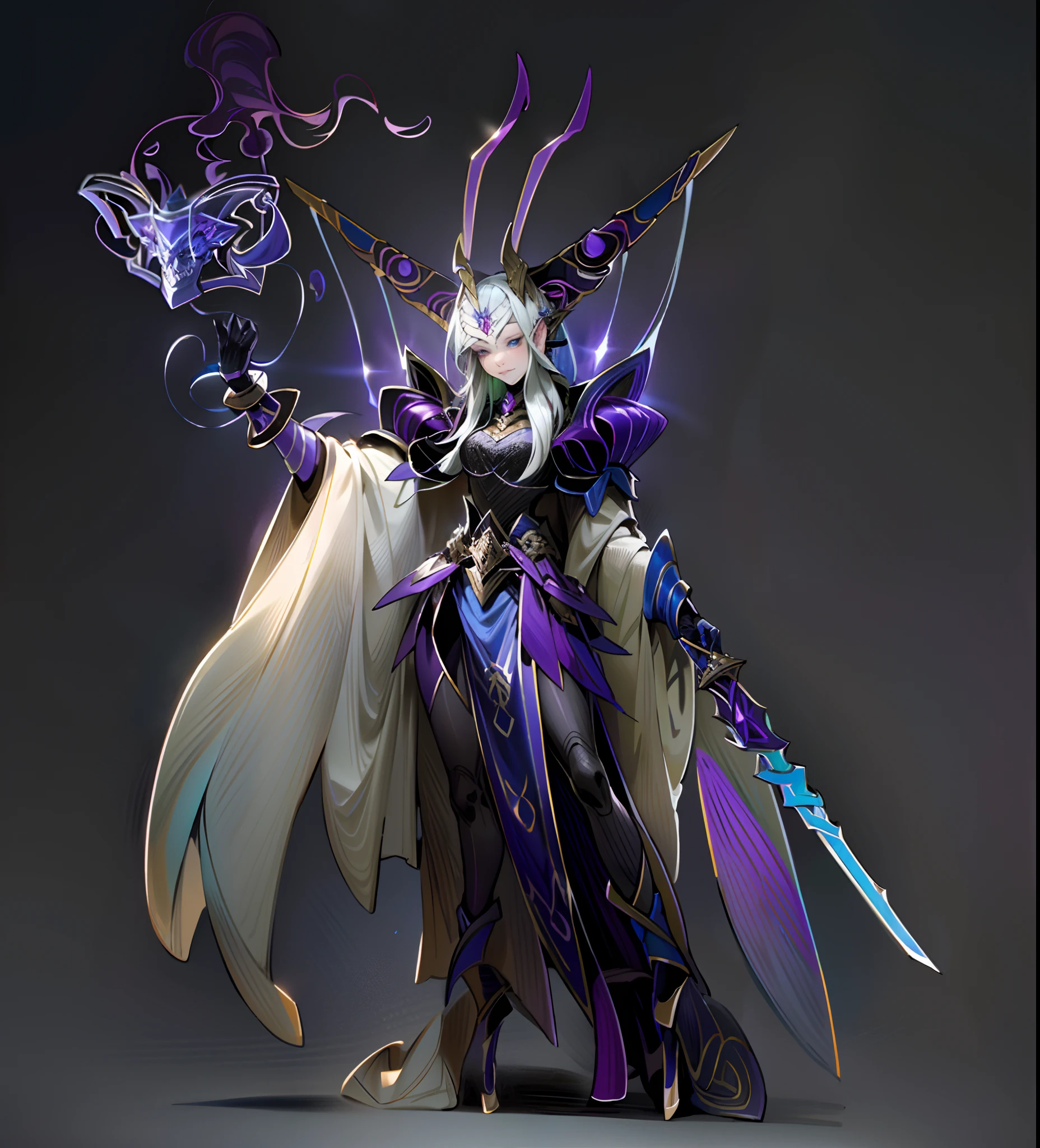 Masterpiece, best quality, a woman in costume with a sword, wearing armor, holding a reading elf, blue and purple color scheme, demonic noble character design, complex fantasy characters, demonic soul concept art