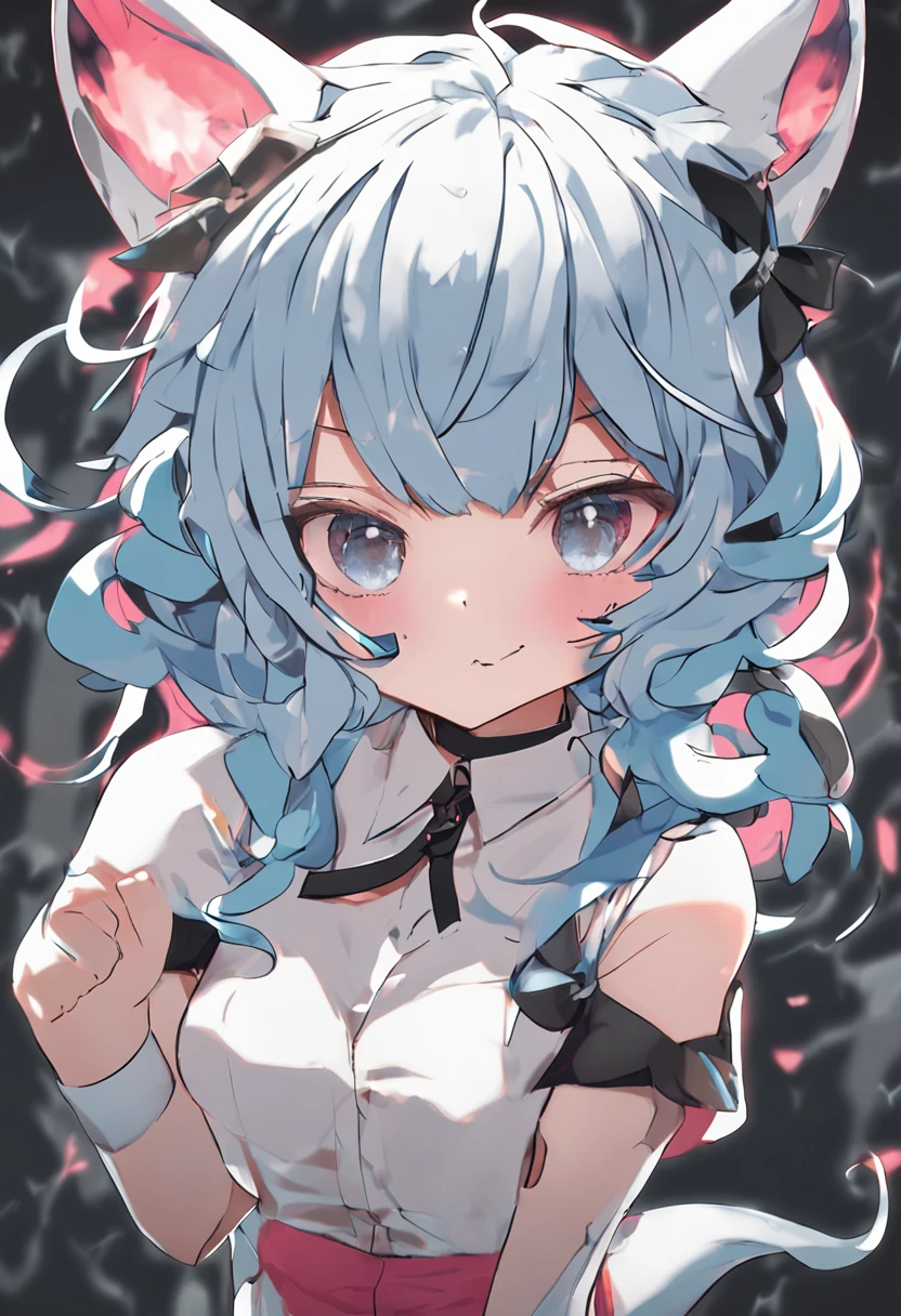 Girl vs、tchibi、((Best quality, High_Resolution, distinct_image)),(Black hair), (Black cat ears), (ahoge), (absurdly short hair), (Wavy hair), (Blue eyes),、Screaming angrily on the face。mideum breasts、piece sign