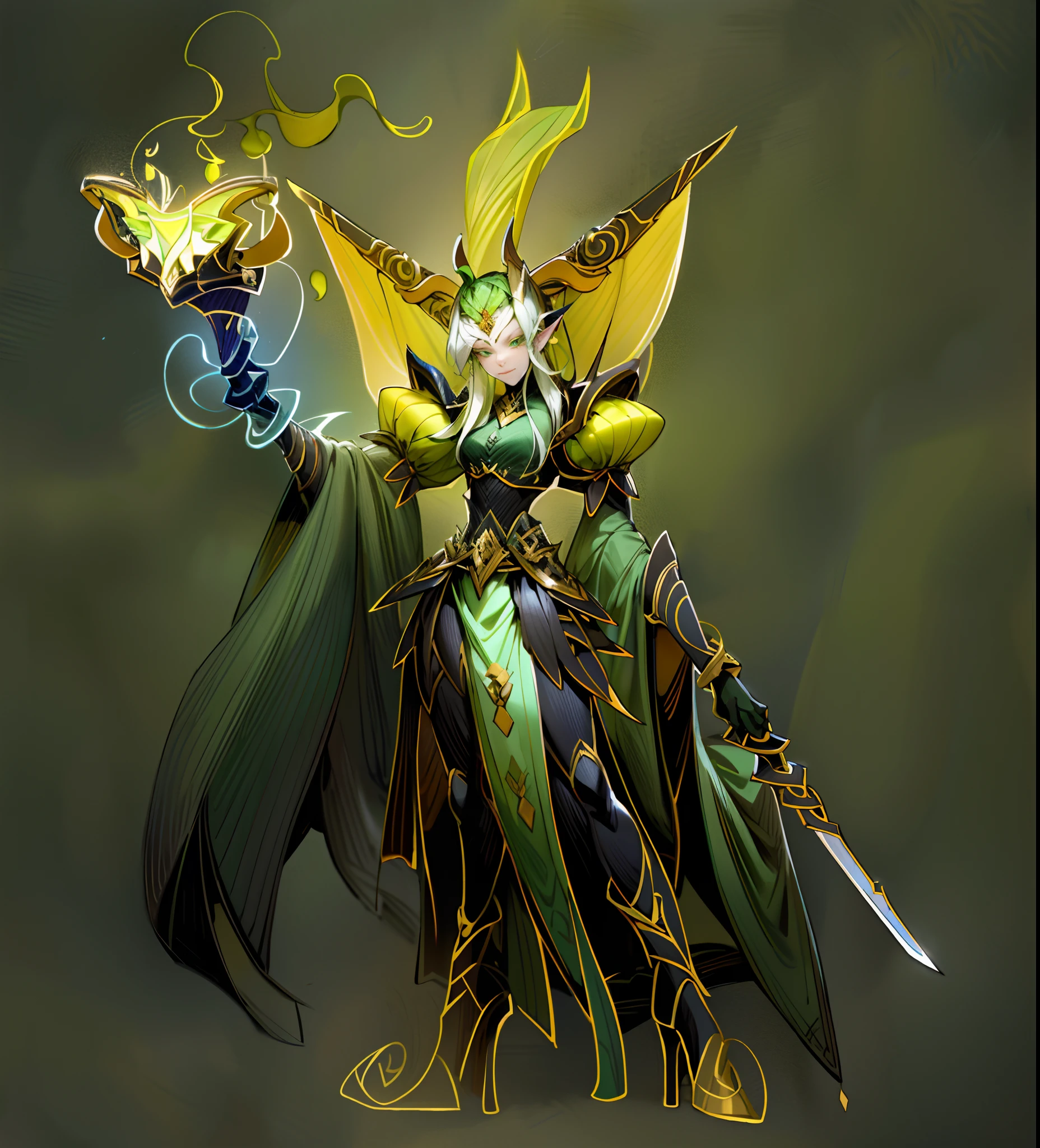 masterpiece,best quality,A woman in costume with a sword, wearing armor, holding a reading elf, devilish noble character design, complex fantasy characters, devilish soul concept art, green and yellow color scheme