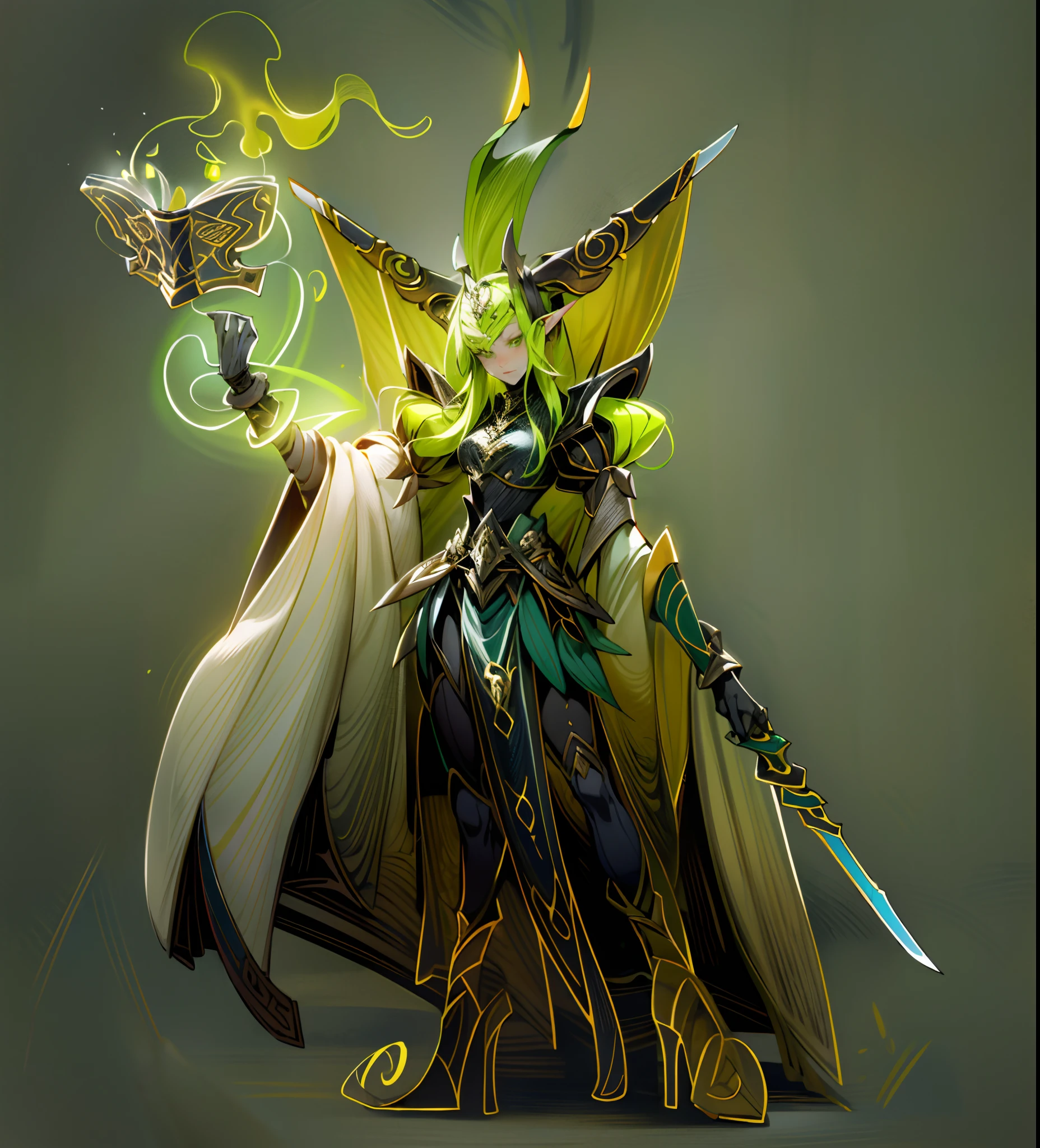 masterpiece,best quality,A woman in costume with a sword, wearing armor, holding a reading elf, devilish noble character design, complex fantasy characters, devilish soul concept art, green and yellow color scheme