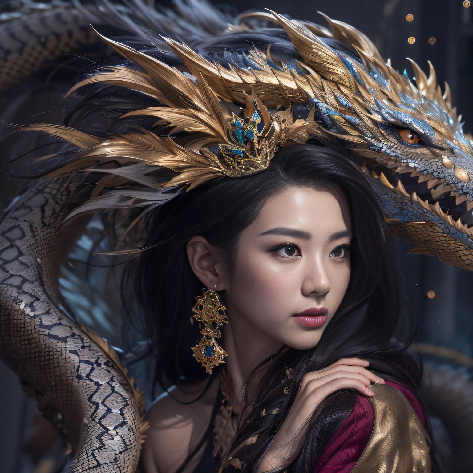 16k(tmasterpiece,k hd,hyper HD,16k)Long flowing black hair,Gold jewelry area in the back room,Smoke ring girl ,Bronze Dragon Protector (realisticlying:1.4),Python pattern robe,Purple-pink tiara,Snowflakes fluttering,The background is pure,Hold your head high,Be proud,The nostrils look at people, A high resolution, the detail, RAW photogr, Sharp Re, Nikon D850 Film Stock Photo by Jefferies Lee 4 Kodak Portra 400 Camera F1.6 shots, Rich colors, ultra-realistic vivid textures, Dramatic lighting, Unreal Engine Art Station Trend, cinestir 800,Hold your head high,Be proud,The nostrils look at people