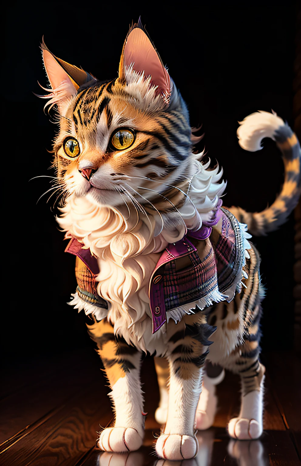 ((a cat in clothes)),,full shot,fluffy hair, anthropomorphic expressions, rich colors, exquisite details, masterpiece, realistic,artsation, cg, realistic, Unreal Engine , real light and shadow, beautiful rich colors, amazing details, high quality,a pair of ears