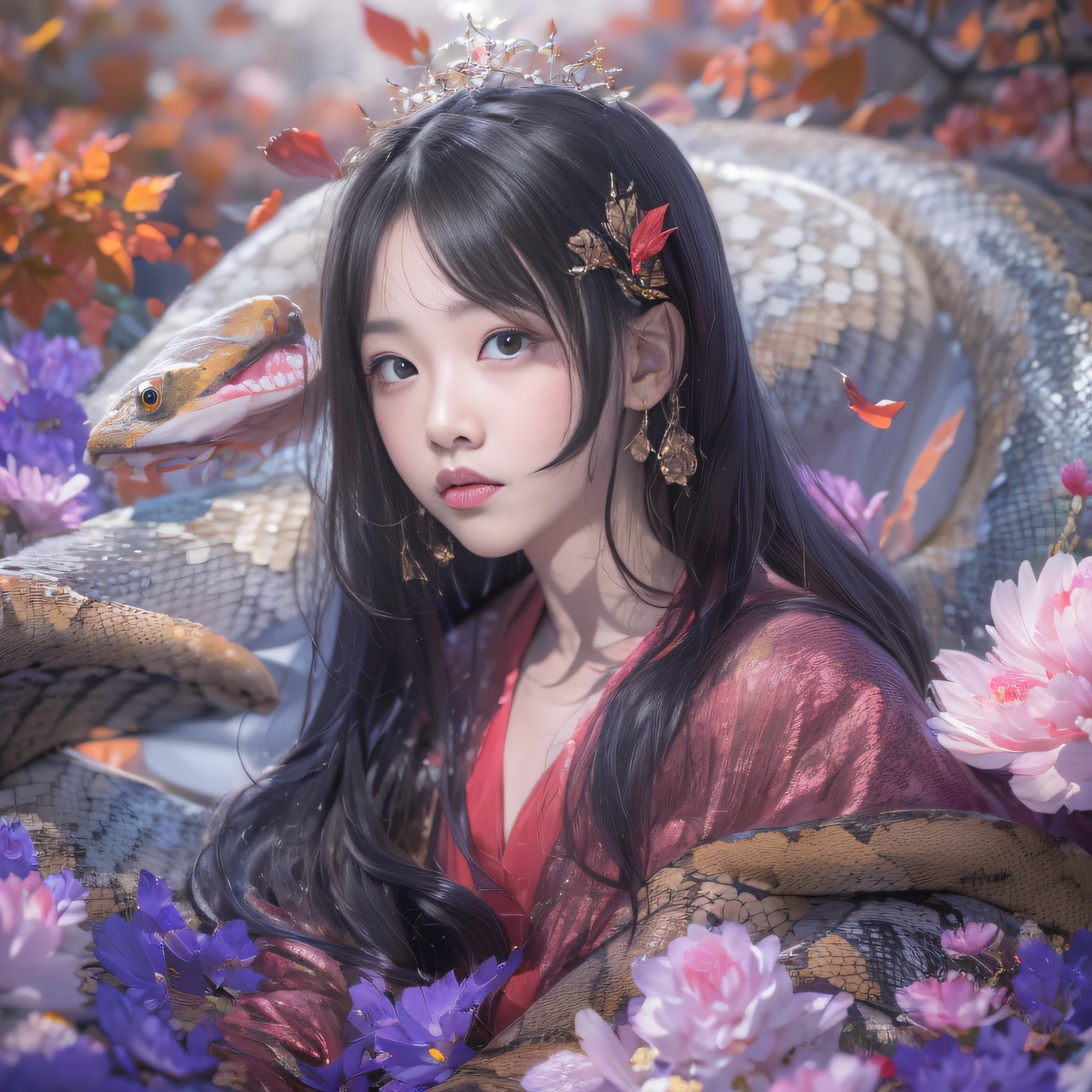 32K(tmasterpiece,k hd,hyper HD,32K),Long flowing black hair,Autumn pond ,Blue and white python protector (realisticlying:1.4),Carp pattern red robe,Purple-pink tiara,Petals flutter,The background is pure,Hold your head high,Be proud,The nostrils look at people, A high resolution, the detail, RAW photogr, Sharp Re, Nikon D850 Film Stock Photo by Jefferies Lee 4 Kodak Portra 400 Camera F1.6 shots, Rich colors, ultra-realistic vivid textures, Dramatic lighting, Unreal Engine Art Station Trend, cinestir 800,Hold your head high,Be proud,The nostrils look at people