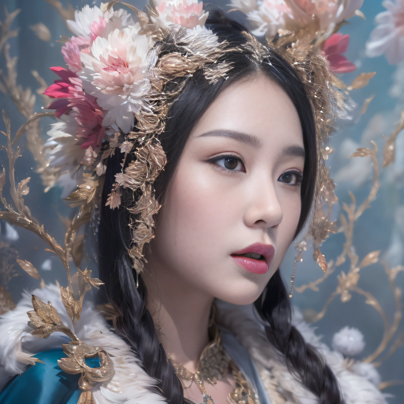 32K（tmasterpiece，k hd，hyper HD，32K），Long flowing black hair，Autumn pond ，Blue and white python protector （realisticlying：1.4），Carp pattern red robe，Purple-pink tiara，Petals flutter，The background is pure，Hold your head high，Be proud，The nostrils look at people， A high resolution， the detail， RAW photogr， Sharp Re， Nikon D850 Film Stock Photo by Jefferies Lee 4 Kodak Portra 400 Camera F1.6 shots, Rich colors, ultra-realistic vivid textures, Dramatic lighting, Unreal Engine Art Station Trend, cinestir 800，Hold your head high，Be proud，The nostrils look at people