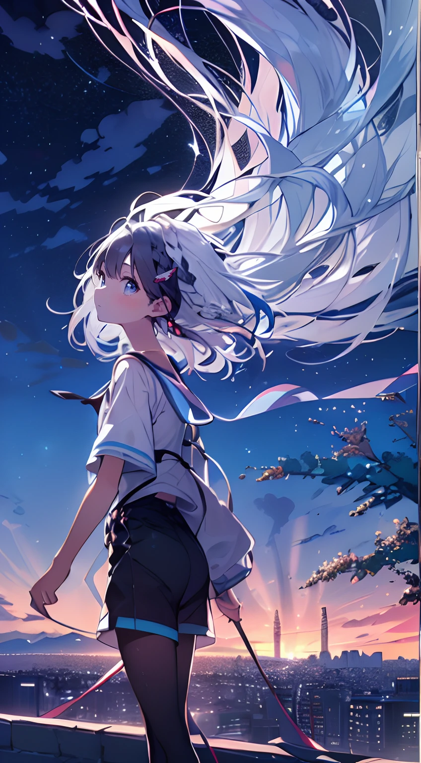 masutepiece, Best Quality,Illustration, Wallpaper, Ultra Detail, absurderes, 1girl in、 (Medium short hair、short braided hair), Beautiful ultra-detailed eyes , Hair fluttering in the wind、nffsw、Smaller head、Beautiful night sky、(a panoramic view:1.5)