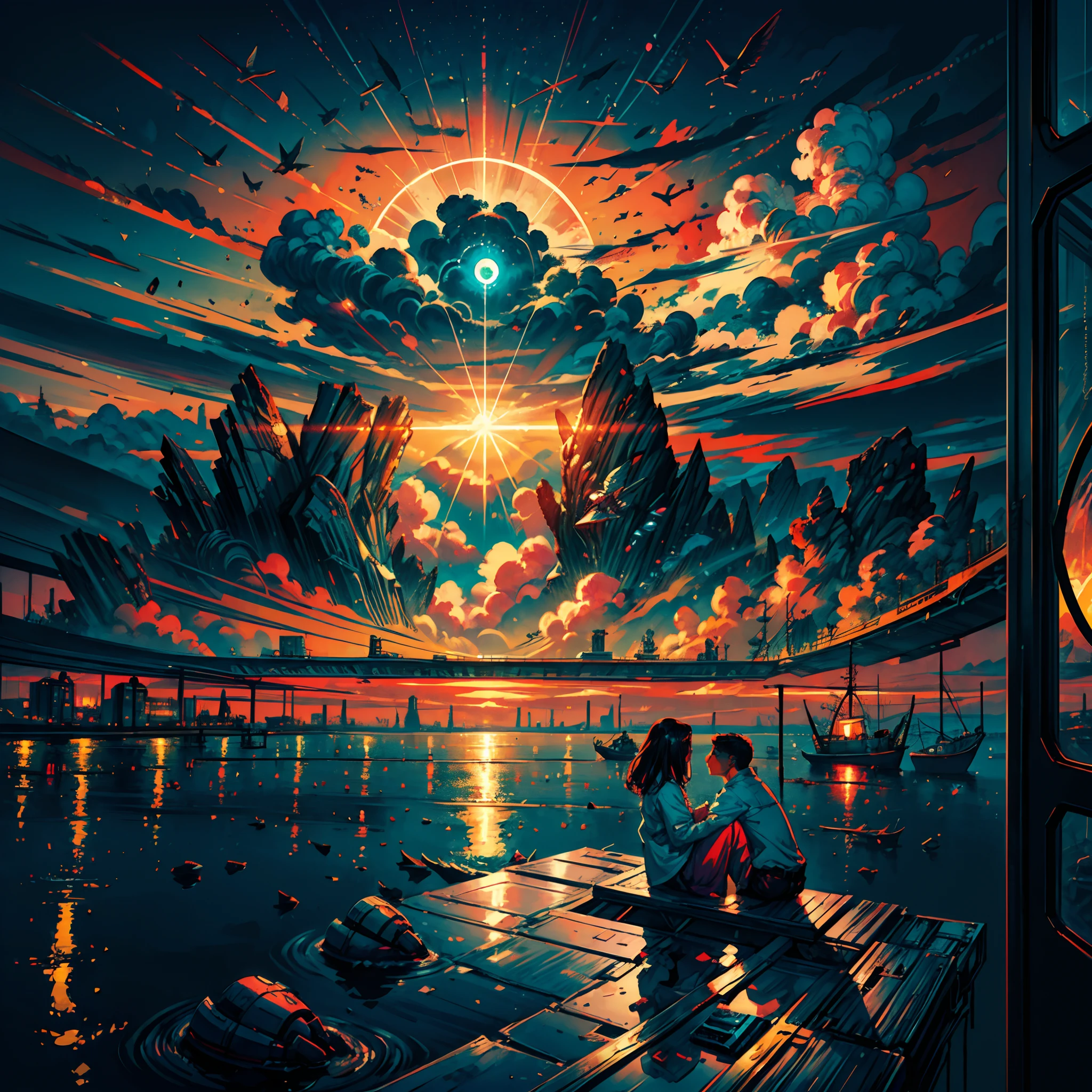 Two people sitting by the sea ,Sunset & Cloud infographic with illustration, by Victo Ngai, kilian eng vibrant colours, Dynamic lighting, Digital art, an award winning masterpiece, Incrediblely beautiful, illustration, The aesthetic is inspired by Beksinski and Darmenford, trending on artstationh, art of greg rutkowski, 8 k''