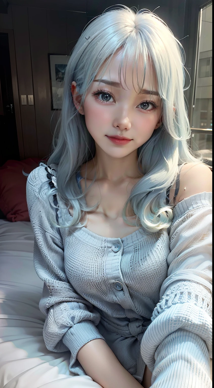 facing at camera,Raised sexy,Rainy days,Lying in bed,Raise your feet and spread outward,Mature face,a matural female,Long fluffy blue and white hair,Ultra-loose casual cotton garment,Ruddy complexion,open waist