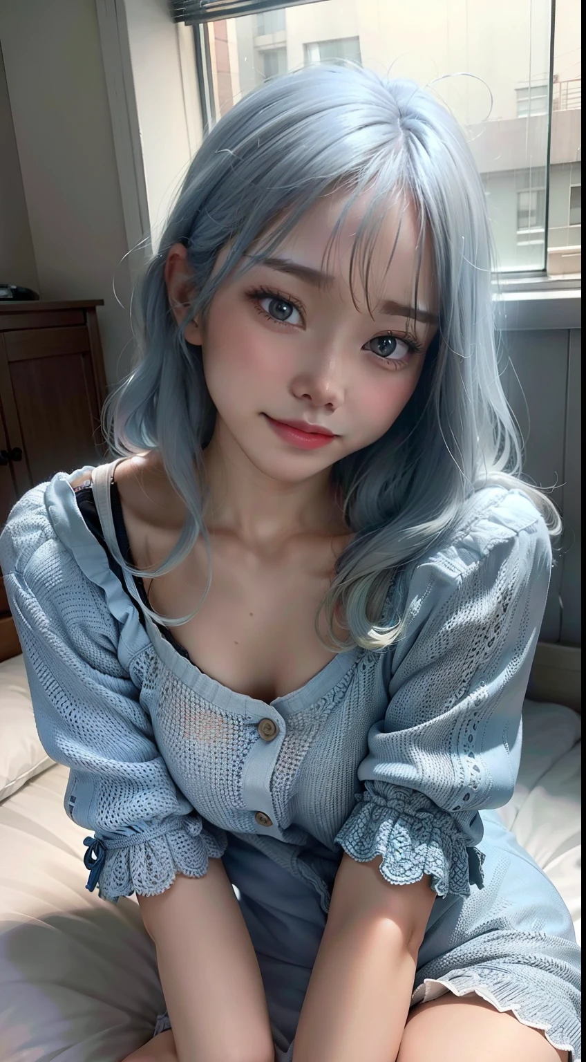 facing at camera,Raised sexy,Rainy days,Lying in bed,Raise your feet and spread outward,Mature face,a matural female,Long fluffy blue and white hair,Ultra-loose casual cotton garment,Ruddy complexion,open waist
