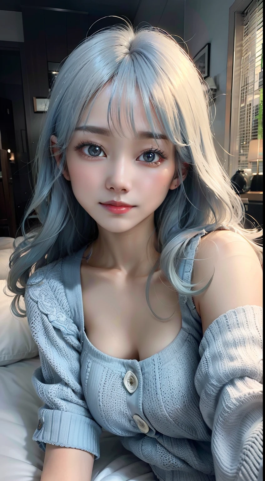 facing at camera，Raised sexy，Rainy days，Lying in bed，Raise your feet and spread outward，Mature face，a matural female，Long fluffy blue and white hair，Ultra-loose casual cotton garment，Ruddy complexion，open waist