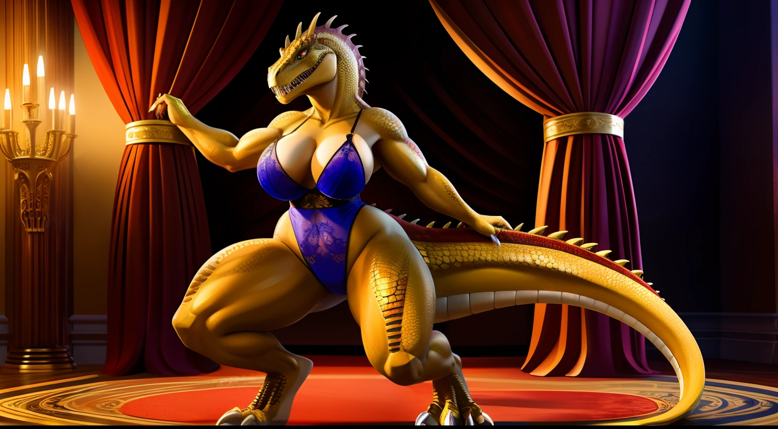 Anthropomorphic, furry, scaly, woman monster hybrid, Dinosaur, Tyrannosaurus, kaiju, High Cut Leotard Black and gold color Lace, Busty breasts, Thicc, Hourglass Body, muscular body, Sexy Legs, Sexy Hips, Long Brown Hair mane, Sharp Teeth, Saber Fangs, Beastly, Beautiful, Sexy, Fierce, Savage, Giant, Tail, bare feet, Redish Brown Scales, proud, lovely, majestic, Regal Looking, Jewelry, Wild, Big Head, Strong, Powerful, Proud, Queen, Monstrous, Feral, Loving, standing upright on two legs, hot reptile humanoid woman, curvy body, fit body, short arms, sensual, loving wife, full body, goddess, bmb-fc, edgleotard, sexy lingerie, close up,