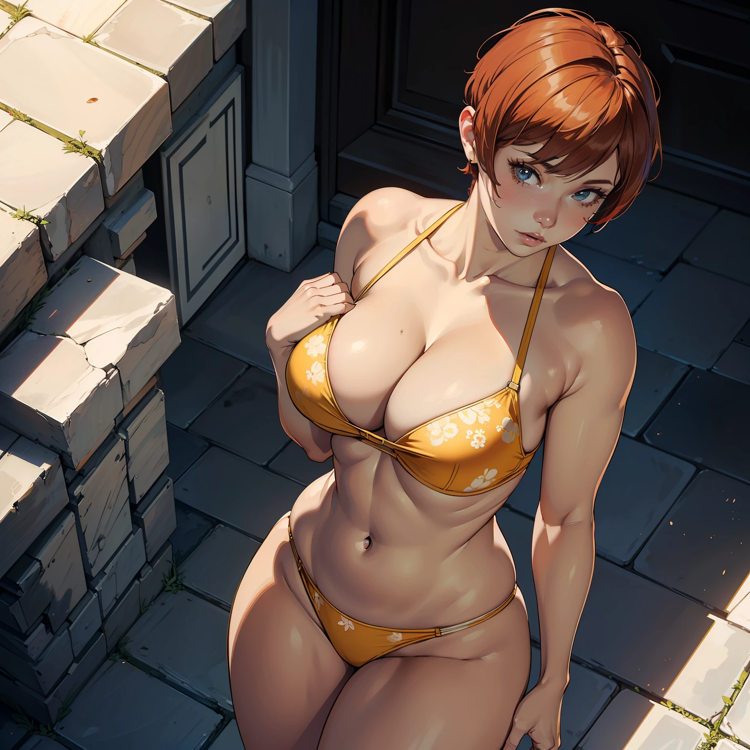 (high resolution, The pixels are perfect, luxurious illustration), (hyper qualit, Masterpiece, Ethereal: 1.4), nagatiti, (Medium breasts: 1.75), (Breast tightness: 1.3), (Bimbo 1.25 ),Floral shirt, (No bras: 1.4), (Realism:1.4), (Realistis:1.4), (absurderes:1.4), 8K, Ultra-detailed, Beautiful and delicate mature face,(Solo:1.4), (red honey) Hair, (((Pixie cut))), 1girll, (Face viewer: 1.25), Intricate body details, (A MILF: 1.4), (Curvy:1.35), Mexican woman poses on balcony wearing ribbon, big-areola ,Carmelto,Titillating ,Torn, Very beautiful, Curvy physique, Fitness model, Thick body, Superhero bikini bodybuilder,,(((Hand touches Carmelto))),Naughty face,opening legs