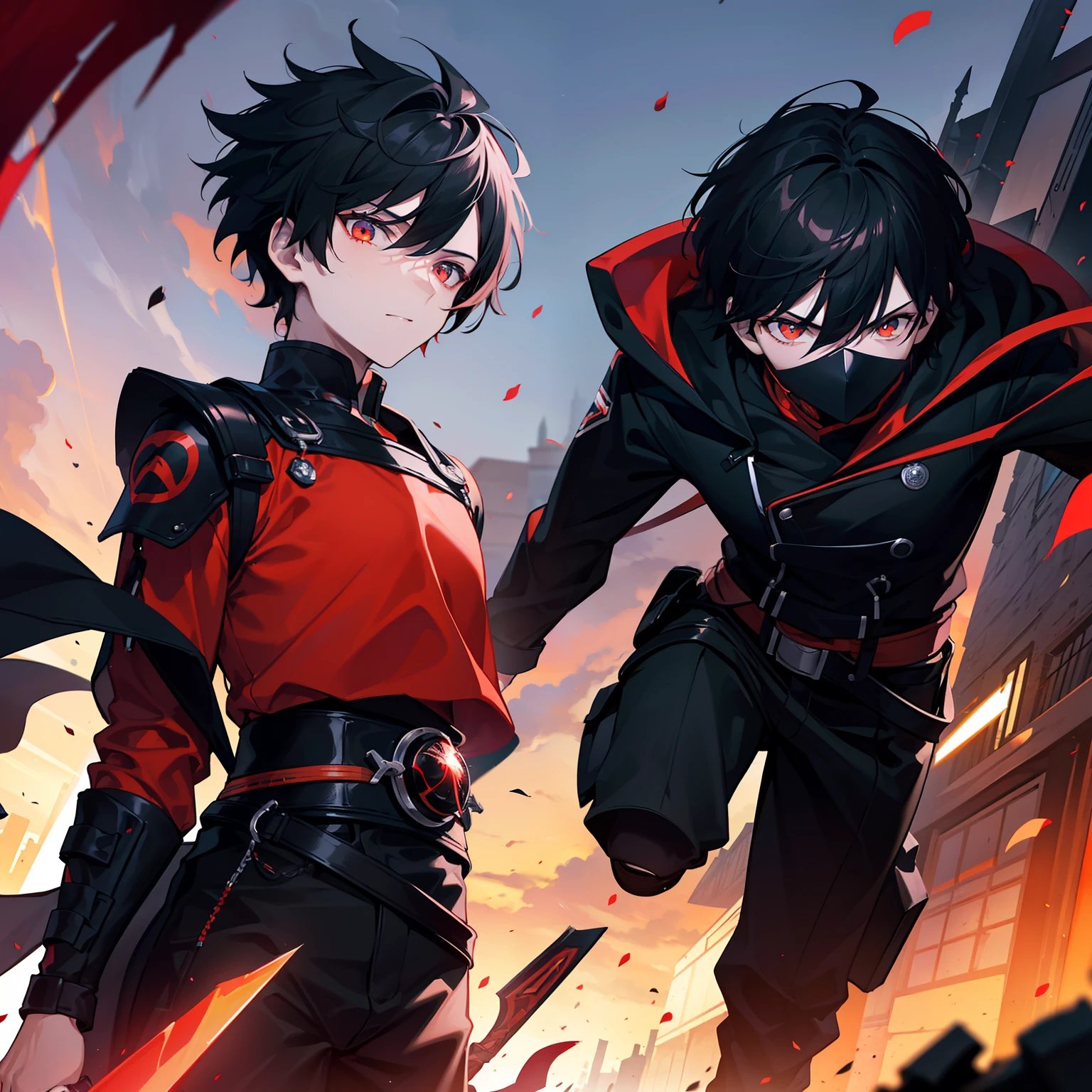 One  boy with short black hair, sporting a mysterious full face black mask with gleaming orange eyes that covers his entire face, dressed in a striking red shirt and a long black coat, skillfully wielding a pair of dual long swords—one gleaming in vibrant red and the other mesmerizingly purple. The scene unfolds against the backdrop of a dynamic cityscape, with high resolution details and sharpness, captured in an astonishing 8K resolution.