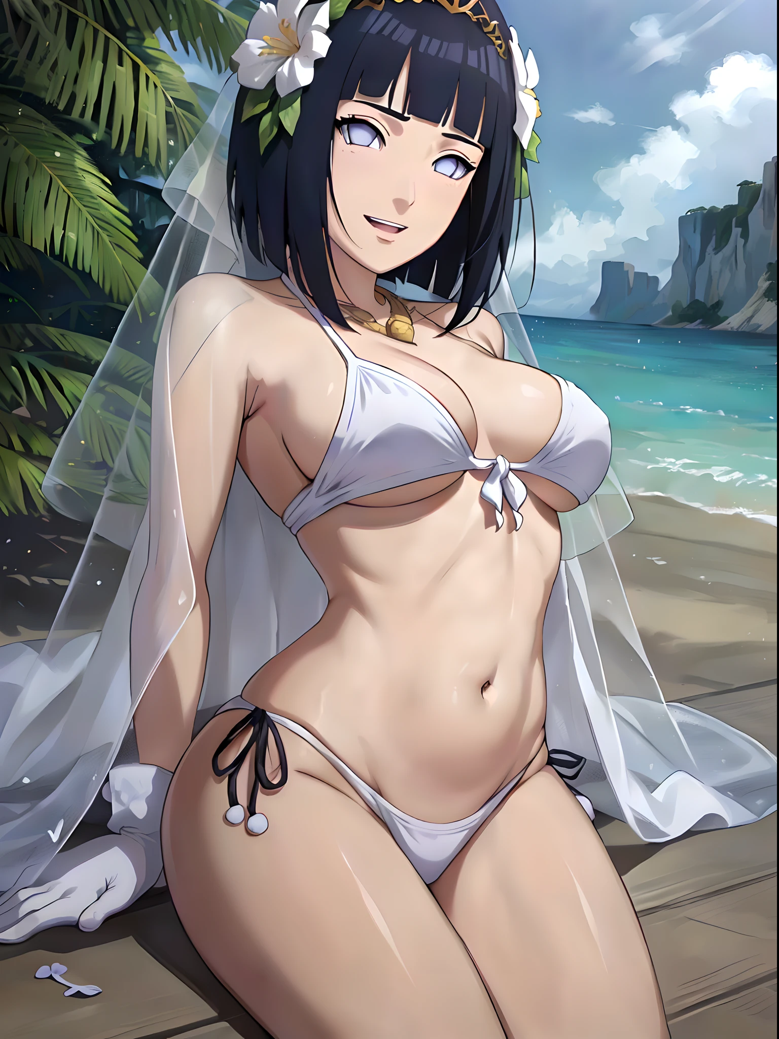 (WALLPAPER, masterpiece, 1k, anime style:1.9, laying on flower bed, navel, (detailed beach background, (lean forward), big breasts, big boobs, open mouth, high color saturation, bold lines, bold drawing lines, (strong arms, flat belly, groin), detailed bold arm lines), (strong arms, thick arms), strong light on body, plain, bare body, (large breasts, perky boobs), minimum clothing, taking off shirt, bare shoulders, off-shoulders, bare chest, (very tight pure white tiny bikini, wedding veil, white flower wedding tiara, long white gloves), no shirt, showing off), hinata\(boruto\), mature female, sunbathing, milf, (curvy:0.8), solo, (short hair, hime cut), (dark blue hair color:1.1), white, flat belly, perfect eyes, white sciera, white eyes, anime eyes, smoky eyeliner, eyeshadow, perfect face, shy, sharp focus, professional artwork, intricate details, colorful, vibrant colors, vivid colors, digital blending, ultra detailed body, ultra detail hair, ultra detail face, trending on pixiv, kind smile, shy, very hot colors, sunny day, outdoor,
