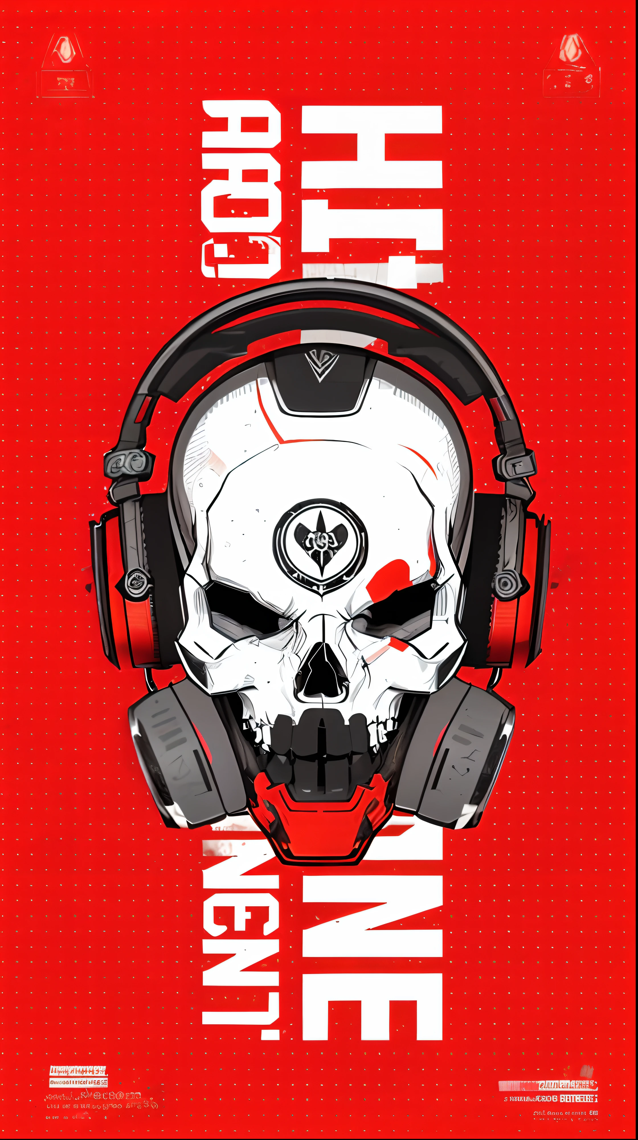 a poster for a movie with a skull wearing headphones, in style of apex legends, inspired by Victor Mosquera, vector style, overwatch design, omen from valorant, style of hydro74, trash polka, doom eternal art style, profile picture 1024px, giant robot skull, of spiked gears of war skulls, red demon cyberpunk symbols