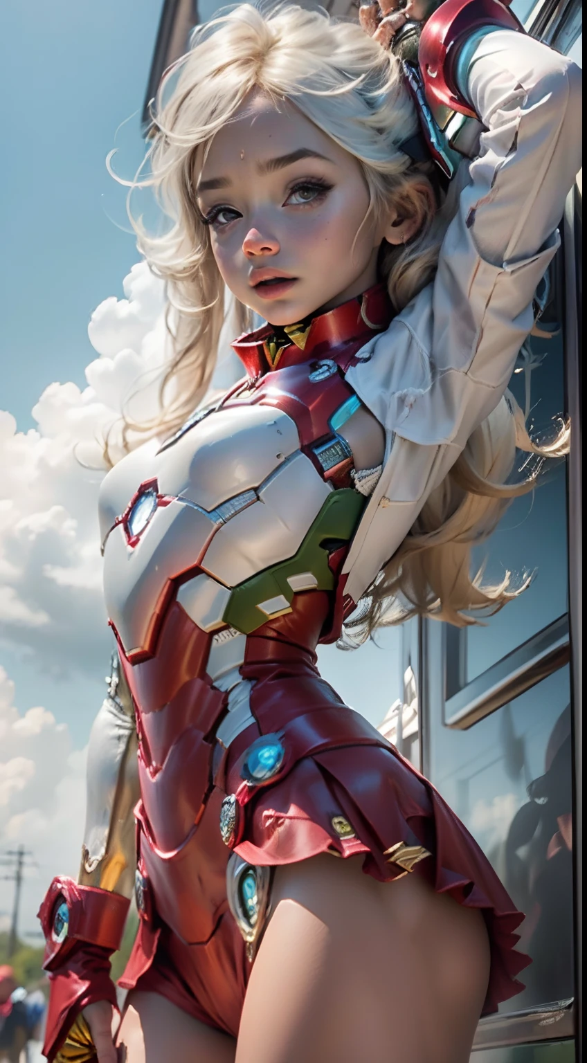 Mulher bonita cabelo branco longo, corpo definido seios grandes, tight clothing, (((vestindo cosplay de ironman)))