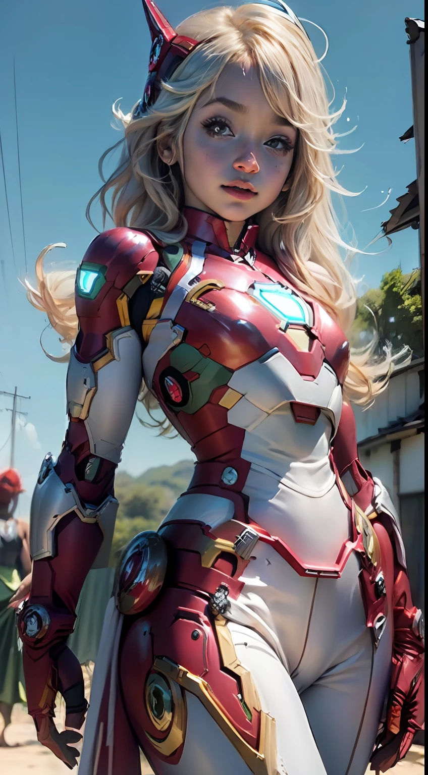 Mulher bonita cabelo branco longo, corpo definido seios grandes, tight clothing, (((vestindo cosplay de ironman)))