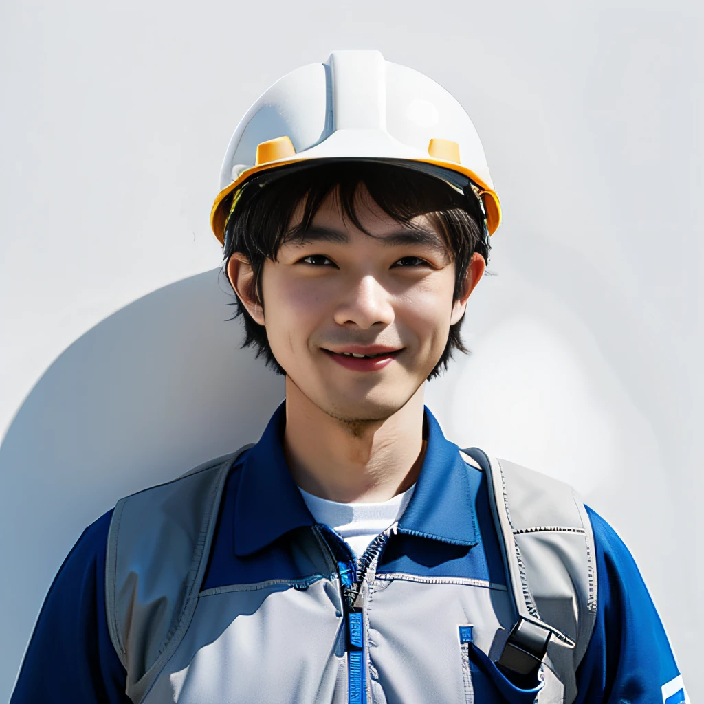 An Alaf man wearing a hard hat stands in front of the wall, Professional profile photo,  professional profile picture, Zhang wei，ssmile，White hard hat，greybackground，well-illuminated