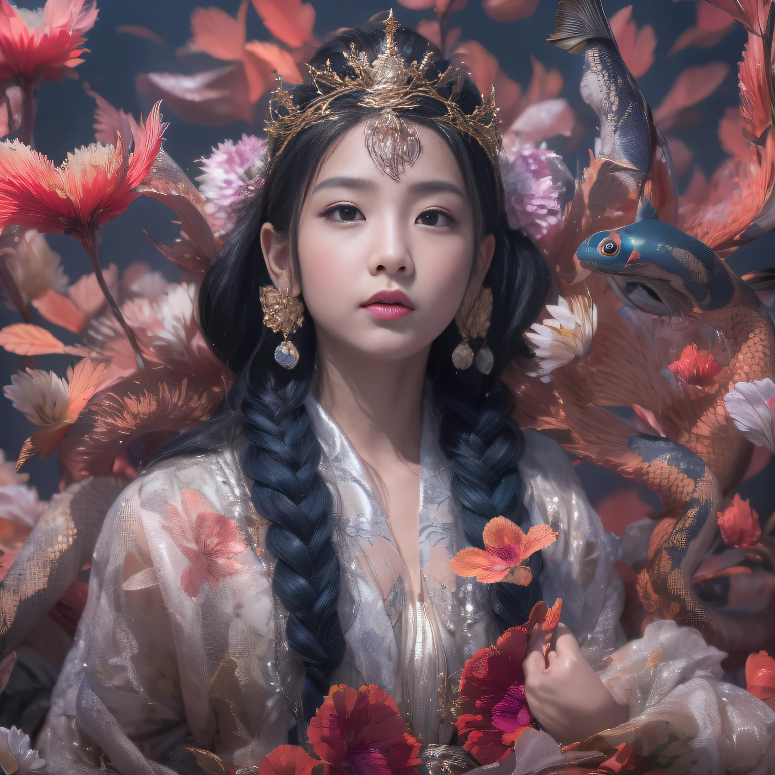 32K（tmasterpiece，k hd，hyper HD，32K），Long flowing black hair，Autumn pond ，Blue and white python protector （realisticlying：1.4），Carp pattern red robe，Purple-pink tiara，Petals flutter，The background is pure，Hold your head high，Be proud，The nostrils look at people， A high resolution， the detail， RAW photogr， Sharp Re， Nikon D850 Film Stock Photo by Jefferies Lee 4 Kodak Portra 400 Camera F1.6 shots, Rich colors, ultra-realistic vivid textures, Dramatic lighting, Unreal Engine Art Station Trend, cinestir 800，Hold your head high，Be proud，The nostrils look at people