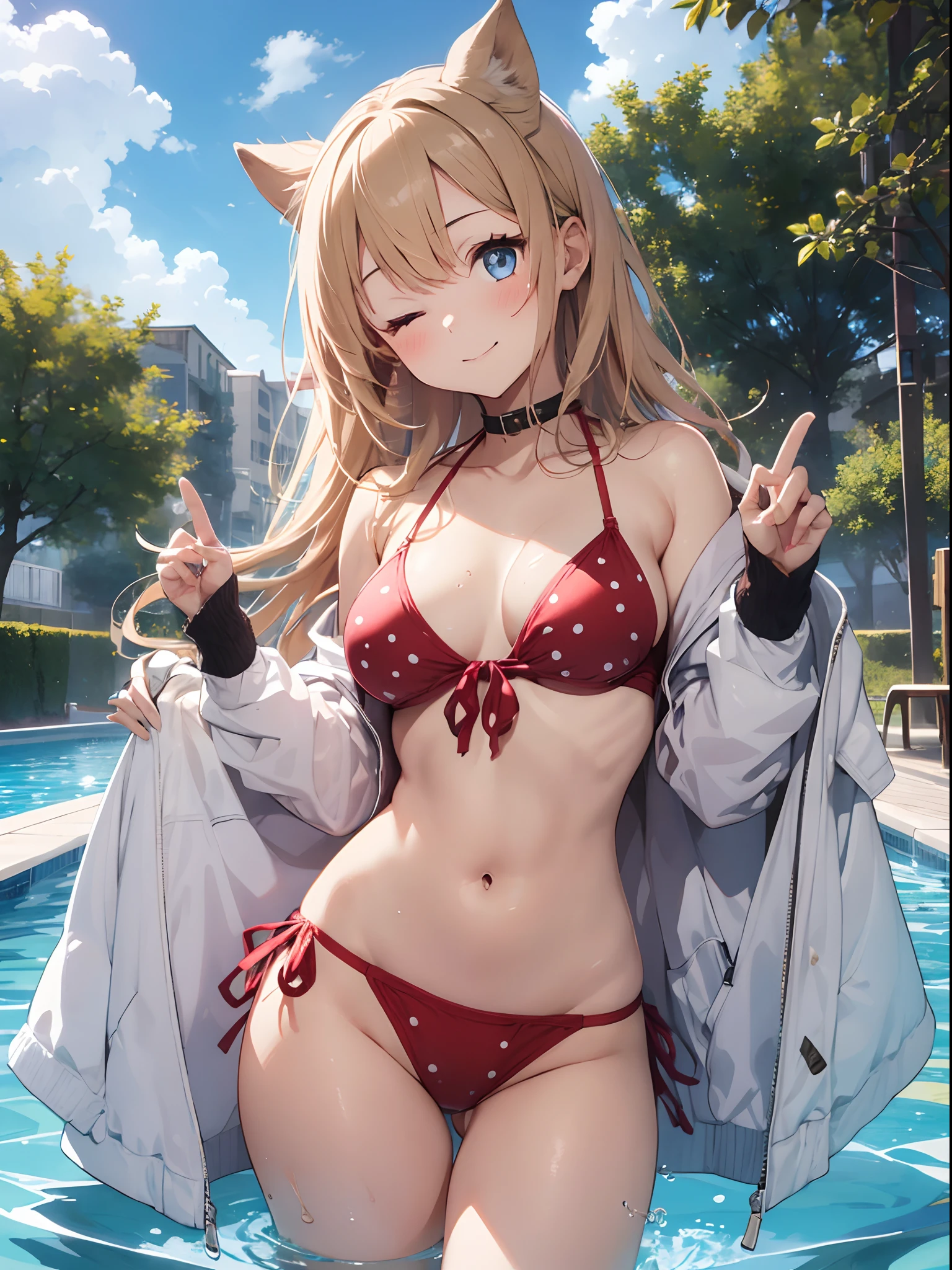 absurdres, absolutely resolution, incredibly absurdres, highres, ultra detailed, official art, unity 8k wallpaper,
BREAK
(1girl, solo:1.4), (cute, kawaii), dynamic poses, dynamic angle, full body
BREAK
smile, blush, looking at viewer, (peace symbol, fingers to cheeks:1.2), (head tilt, model posing:1.4), tongue out, one eye closed
BREAK
long hair, very long hair, blond hair, (Put out forehead: 1.2), blue eyes, breasts, navel, closed mouth, hands up, groin, collarbone, coquettish skin
BREAK
open clothes, open shirt, open jacket, (white jacket:1.4), shirt, pink shirt,sleeves past wrists, long sleeves, off shoulder, bare shoulders
BREAK
swimsuit, polka dot, bikini, (lowleg bikini ,polka dot bikini, red bikini,:1.4) (tie_side, string bikini:1.2)
BREAK
(resort pool at daytime:1.2)
BREAK
nice hands, perfect hands,