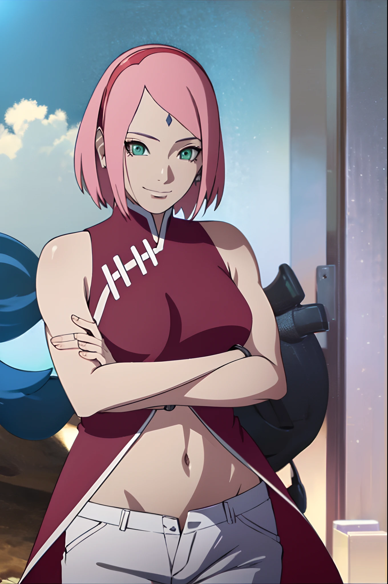 masterpiece, sharp focus, professional artwork, intricate details, colorful, digital blending, ultra detailed body, ultra detail hair, ultra detail face, trending on pixiv, kind smile, very hot color, best quality, anime style: 1.9, 1girl, hires, haruno sakura, contrasty lighting, (forehead mark, red hairband, pale skin, short hair, (red sleeveless dress), white pants, navel, groin, bracelet, looking at viewer, crossed arms, smile, beach, wind, floating hair, detailed arms, off-shoulders, slightly muscular arms), sunnyday