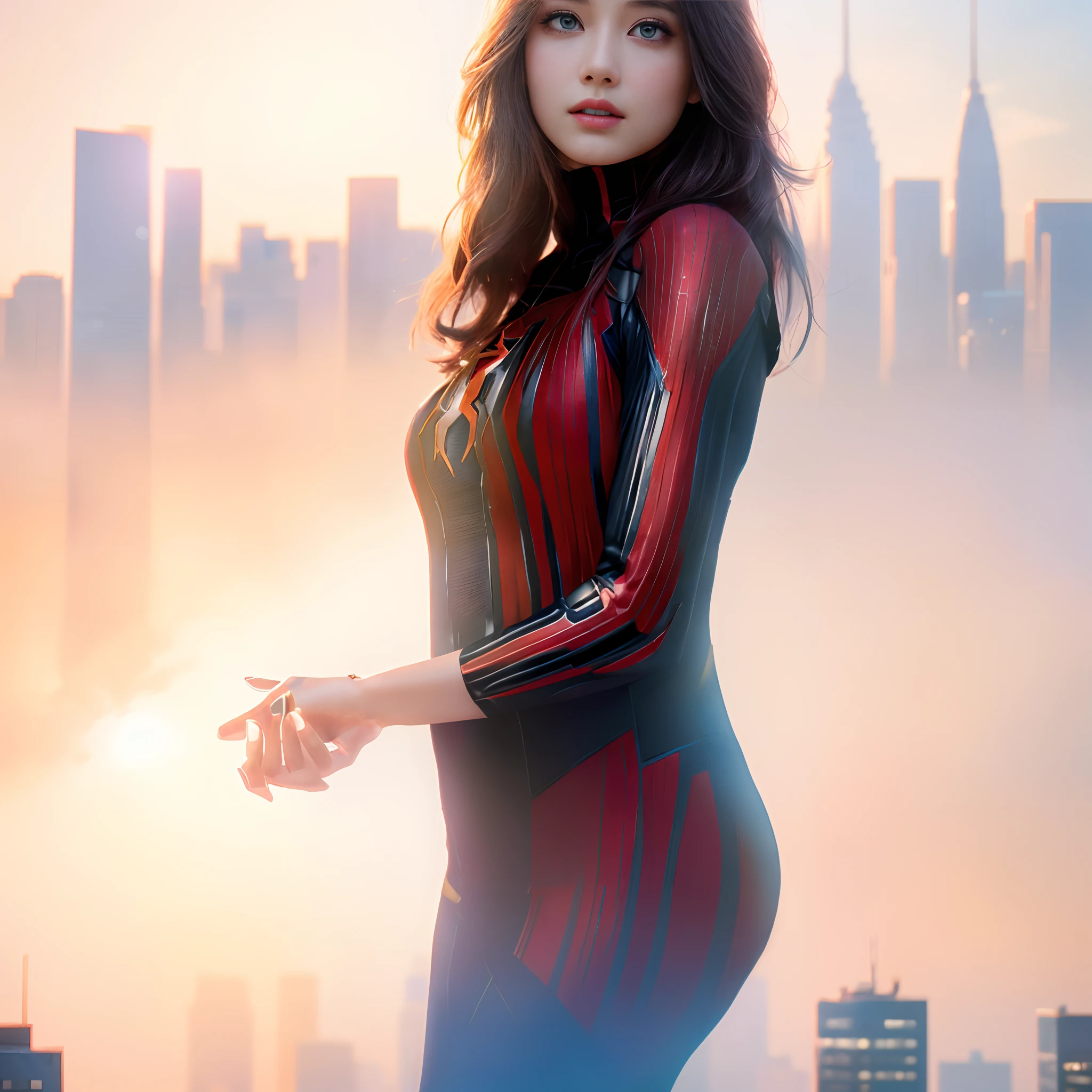 (1girl:1.3), Solo, (((Very detailed face)))), ((Very detailed eyes and face)))), Beautiful detail eyes, Body parts__, Official art, Unified 8k wallpaper, Super detailed, beautiful and beautiful, beautiful, masterpiece, best quality, original, masterpiece, super fine photo, best quality, super high resolution, realistic realism, sunlight, full body portrait, amazing beauty, dynamic pose, delicate face, vibrant eyes, (from the front), She wears Spider-Man suit, red and black color scheme, spider, very detailed city roof background, rooftop, overlooking the city, detailed face, detailed complex busy background, messy, gorgeous, milky white, highly detailed skin, realistic skin details, visible pores, clear focus, volumetric fog, 8k uhd, DSLR, high quality, film grain, fair skin, photo realism, lomography, futuristic dystopian megalopolis, translucent