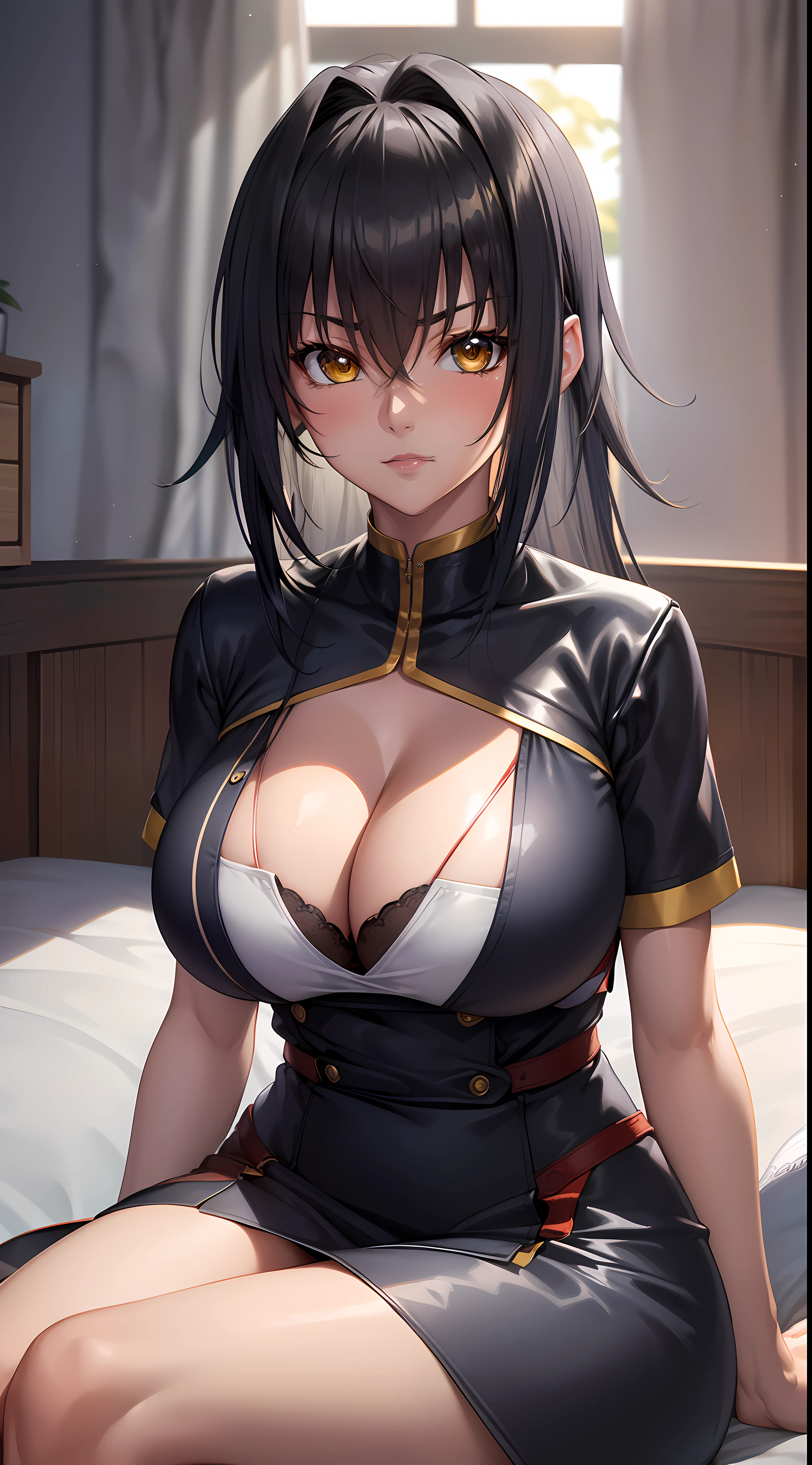 professional artwork, Intricate Details, field of view, sharp focus, detailed painting, photorealistic lighting, trending on pixiv,(masterpiece:1.0),(best_quality:1.0), ultra high res, ultra-detailed, photography, 8K, HDR, highres, absurdres:1.2, Kodak portra 400, film grain, sharp focus, bokeh:1.2, lens flare, (vibrant_color:1.2), (((indoors, bedroom, bedroom details, sitting on bed, perfect anatomy sitting))),
female mature, black hair, long hair, yellow eyes, large breasts, nurse clothes, white theme clothes, formal, hair intakes, covered breasts, cleavage, 20yo,mature female,Beautiful Finger,Beautiful long legs,Beautiful body,Beautiful Nose,Beautiful character design, perfect eyes, perfect face, looking at viewer, official art,extremely detailed CG unity 8k wallpaper, (Beautiful,large_Breasts:1.4), (beautiful_face:1.5),(narrow_waist), (solo:1.4), (upper body, half body shot),
koutetsu no majo annerose,