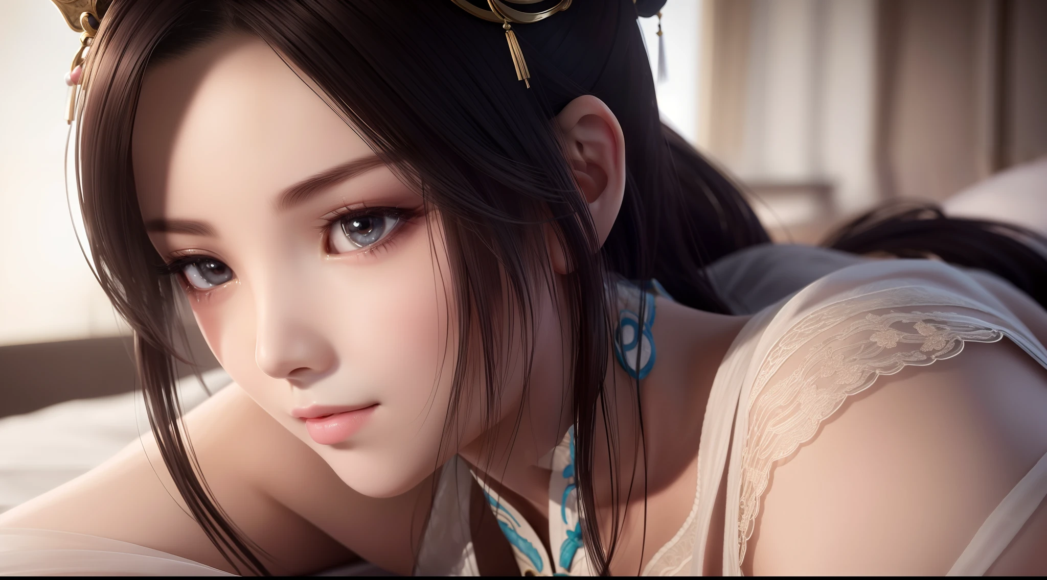 diao chan, close up upper body, 1 girl, laying on bed, facing front, white silk, sparkling eyes, black hair, ancient bedroom background, nice perfect face with soft skin, intricate detail, 8k resolution, masterpiece, 8k resolution photorealistic masterpiece, professional photography, natural lighting, detailed texture,