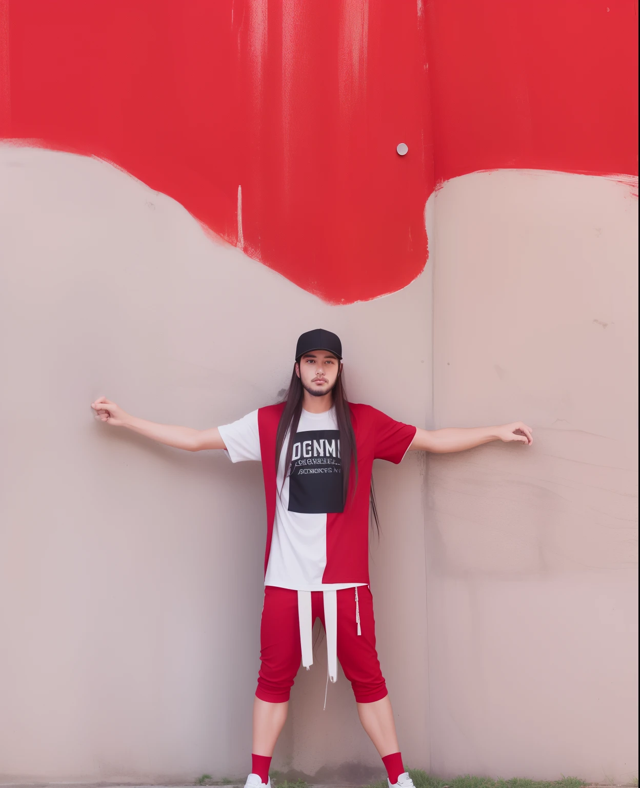 men wearing hats, long hair, shirts and red and white pants