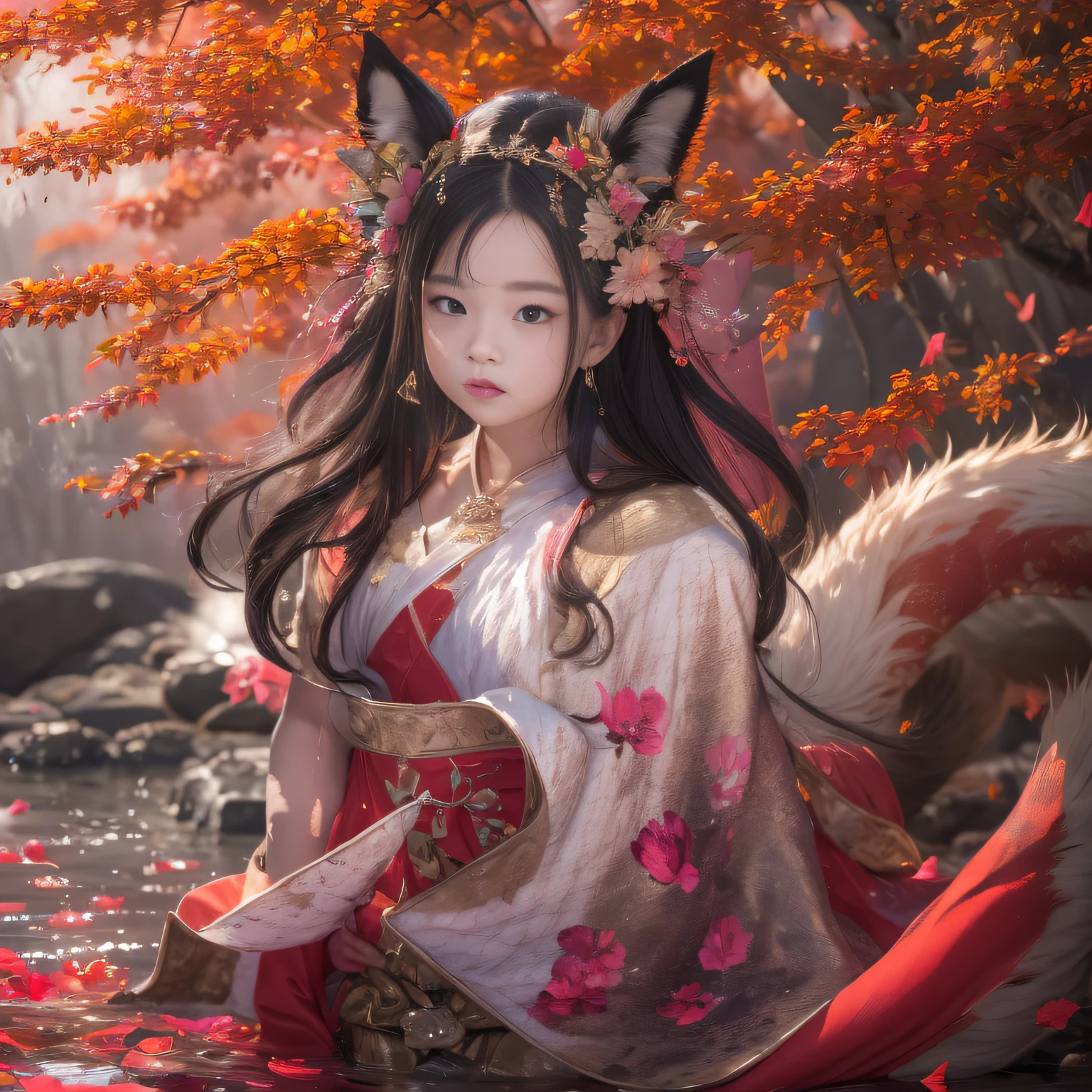 32K（tmasterpiece，k hd，hyper HD，32K）Realistic young gravure idol，Long flowing black hair，Autumn pond ，Red and white nine-tailed fox protector （realisticlying：1.4），Carp pattern red robe，Purple-pink tiara，Petals flutter，The background is pure，Hold your head high，Be proud，The nostrils look at people， A high resolution， the detail， RAW photogr， Sharp Re， Nikon D850 Film Stock Photo by Jefferies Lee 4 Kodak Portra 400 Camera F1.6 shots, Rich colors, ultra-realistic vivid textures, Dramatic lighting, Unreal Engine Art Station Trend, cinestir 800，Hold your head high，Be proud，The nostrils look at people