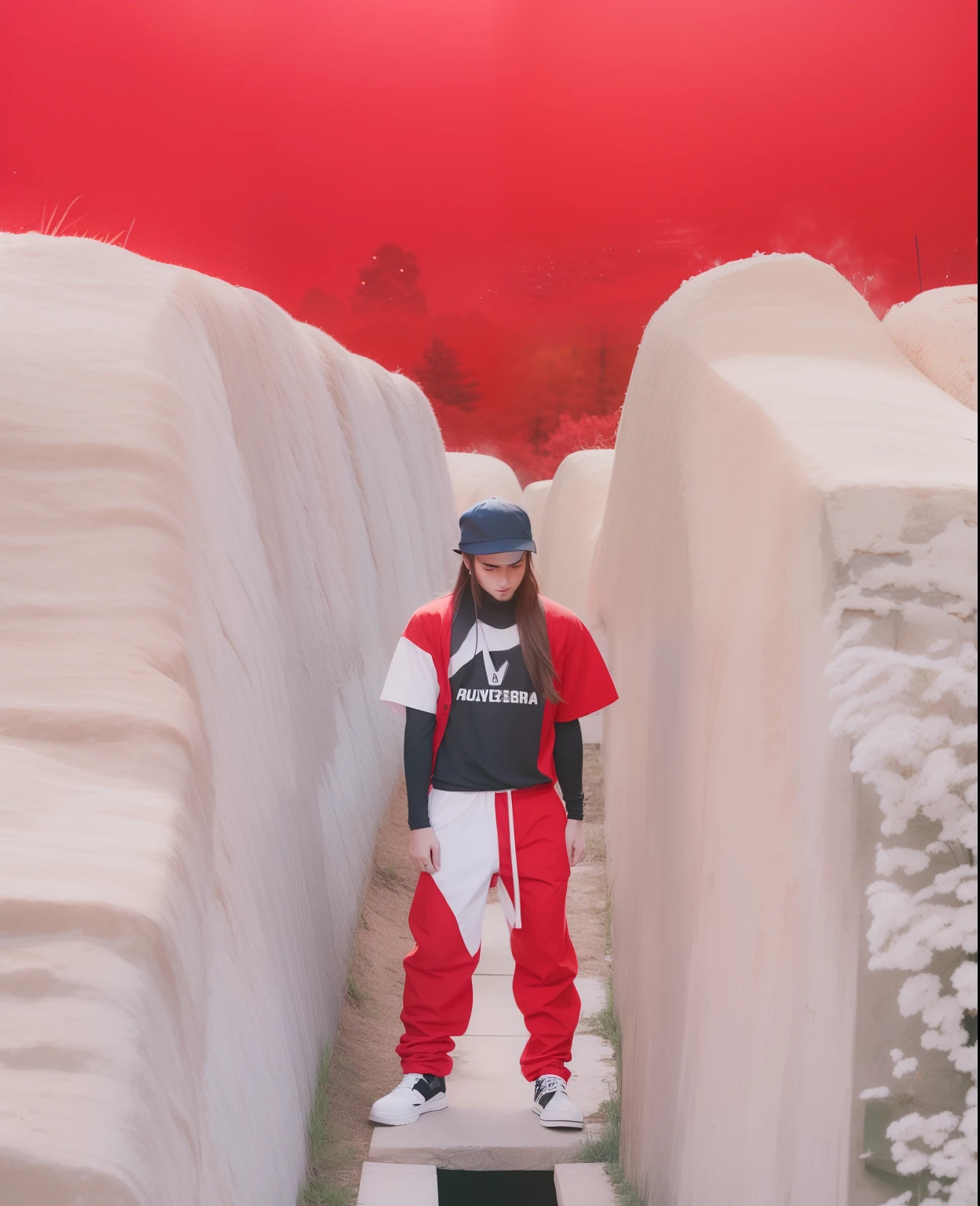 men wearing hats, long hair, shirts and red and white pants