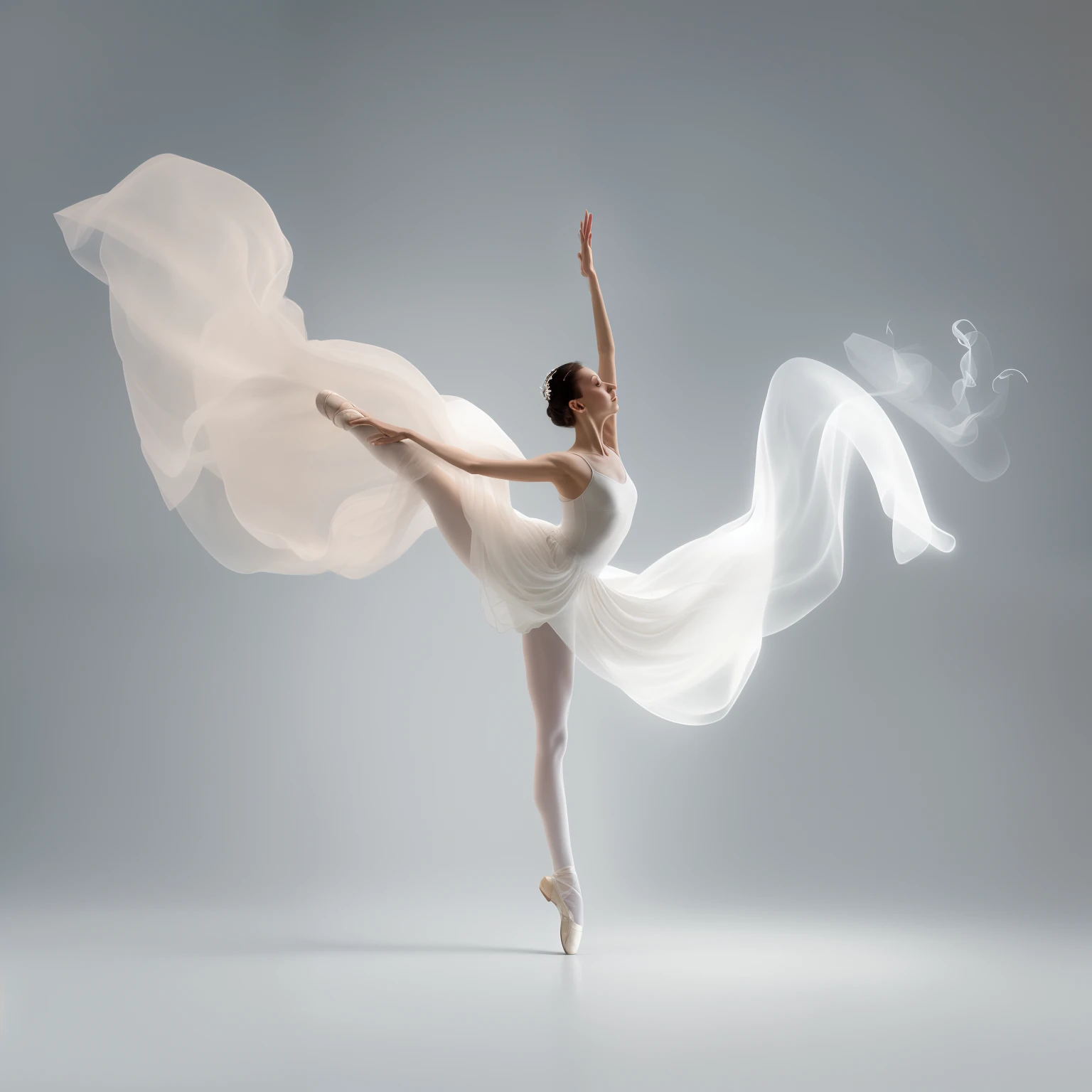 arafed woman in a white dress is dancing with a flowing fabric, ballet dancer, dancing gracefully, ballerina dance in smoke, beautiful and graceful, endless flowing ethereal drapery, peaceful and graceful, graceful and elegant, she is floating in the air, elegant and graceful, elegant floating pose, dramatic floating pose, ballerina, graceful body structure, prima ballerina
