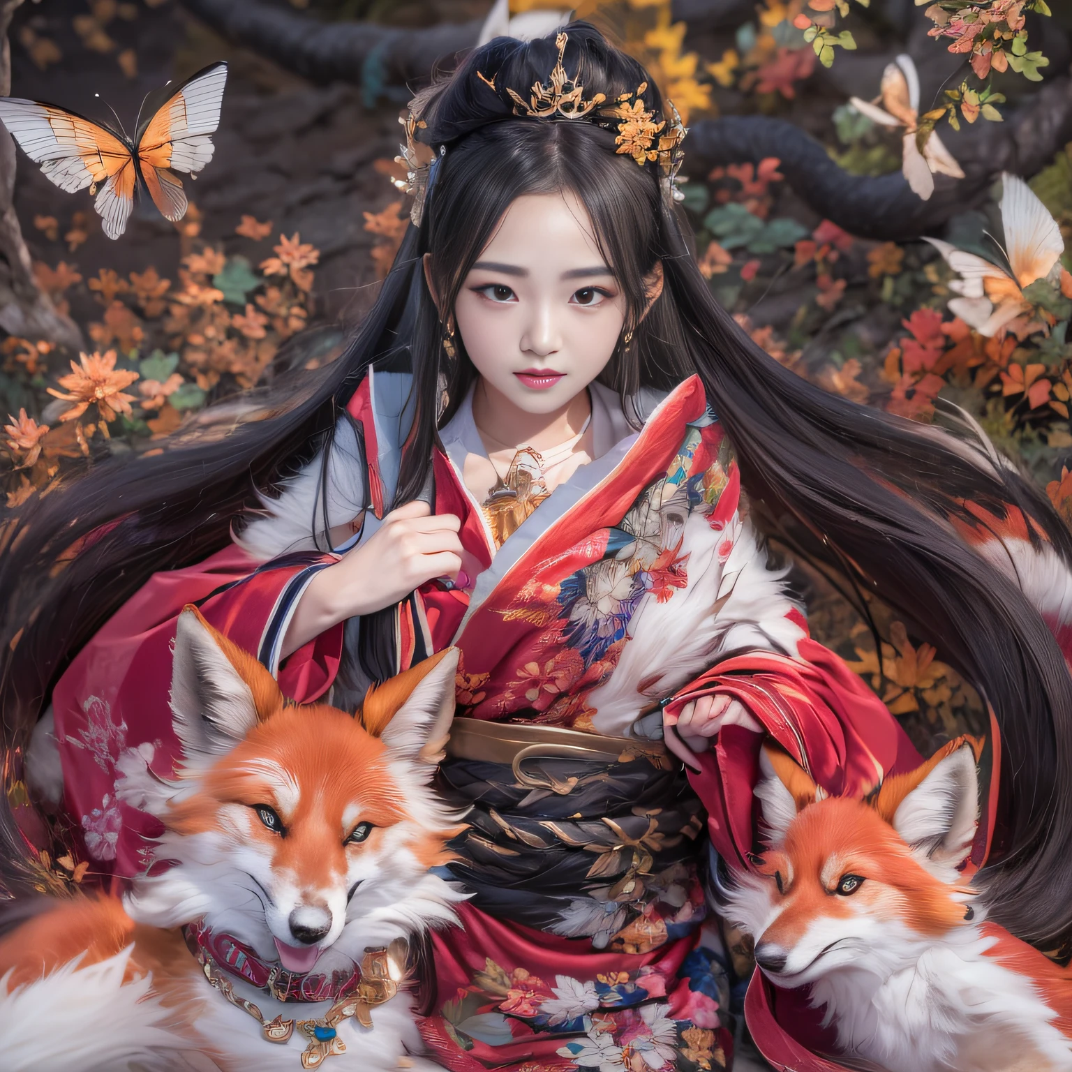 32K（tmasterpiece，k hd，hyper HD，32K）Realistic young gravure idol，Long flowing black hair，Autumn pond ，Red and white nine-tailed fox protector （realisticlying：1.4），Carp pattern red robe，Purple-pink tiara，Petals flutter，The background is pure，Hold your head high，Be proud，The nostrils look at people， A high resolution， the detail， RAW photogr， Sharp Re， Nikon D850 Film Stock Photo by Jefferies Lee 4 Kodak Portra 400 Camera F1.6 shots, Rich colors, ultra-realistic vivid textures, Dramatic lighting, Unreal Engine Art Station Trend, cinestir 800，Hold your head high，Be proud，The nostrils look at people