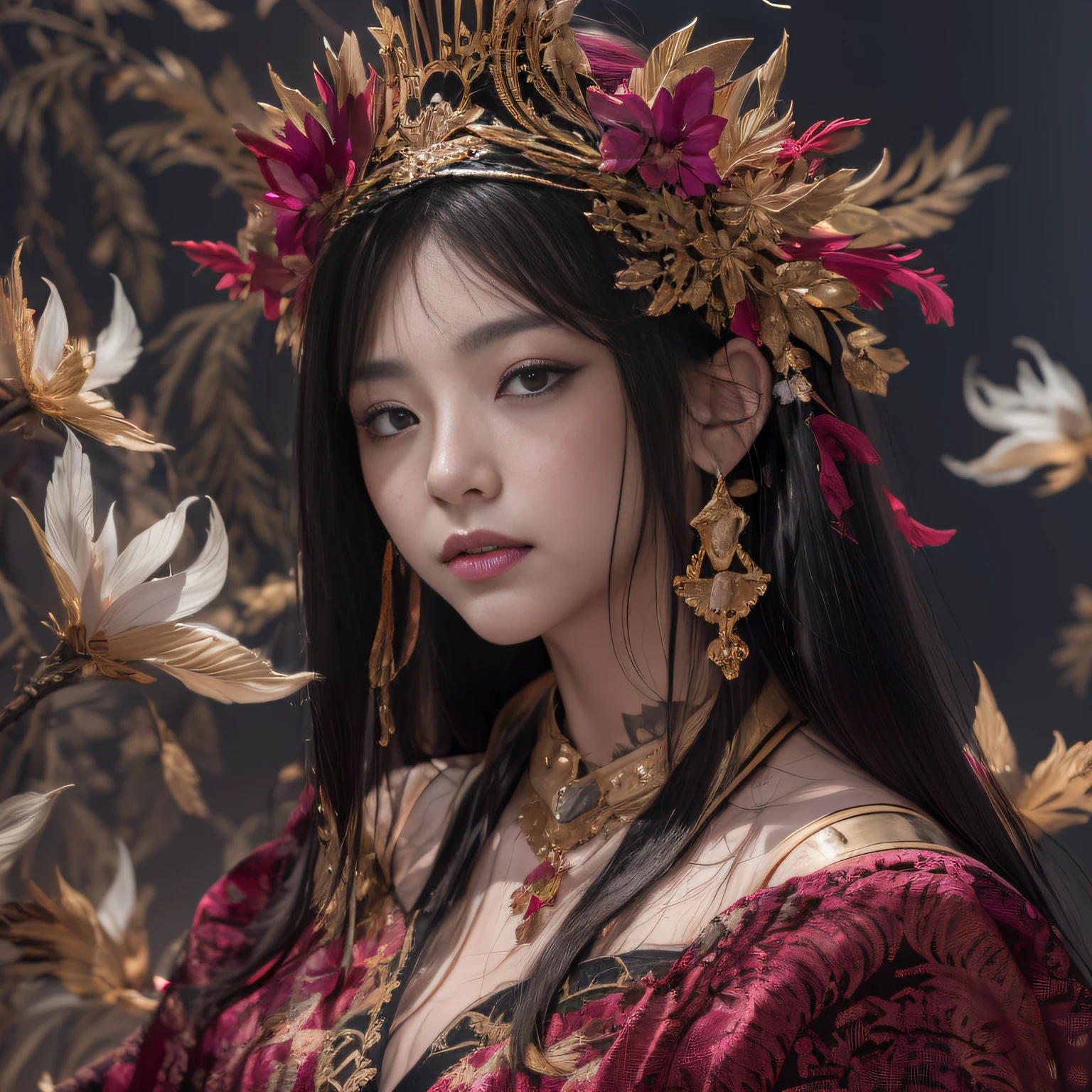 32K(tmasterpiece,k hd,hyper HD,32K)Realistic young gravure idol,Long flowing black hair,autumnal,Gold and Jewelry District,Female king size bed ,Mantis protector (realisticlying:1.4),Burgundy robe with a flame motif,Purple-pink tiara,Petals flutter,The background is pure,Hold your head high,Be proud,The nostrils look at people, A high resolution, the detail, RAW photogr, Sharp Re, Nikon D850 Film Stock Photo by Jefferies Lee 4 Kodak Portra 400 Camera F1.6 shots, Rich colors, ultra-realistic vivid textures, Dramatic lighting, Unreal Engine Art Station Trend, cinestir 800,Hold your head high,Be proud,The nostrils look at people,